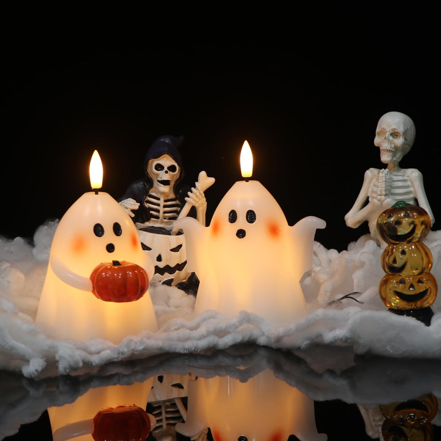 Eldnacele Spooky Ghost Halloween Flameless Candles with Timer Set of 2 Battery Operated LED Pillar Candles Ghost Light Real Wax 3D Wick Flickering Long Lasting Home Indoor Decor(3.5" D x5 H)"