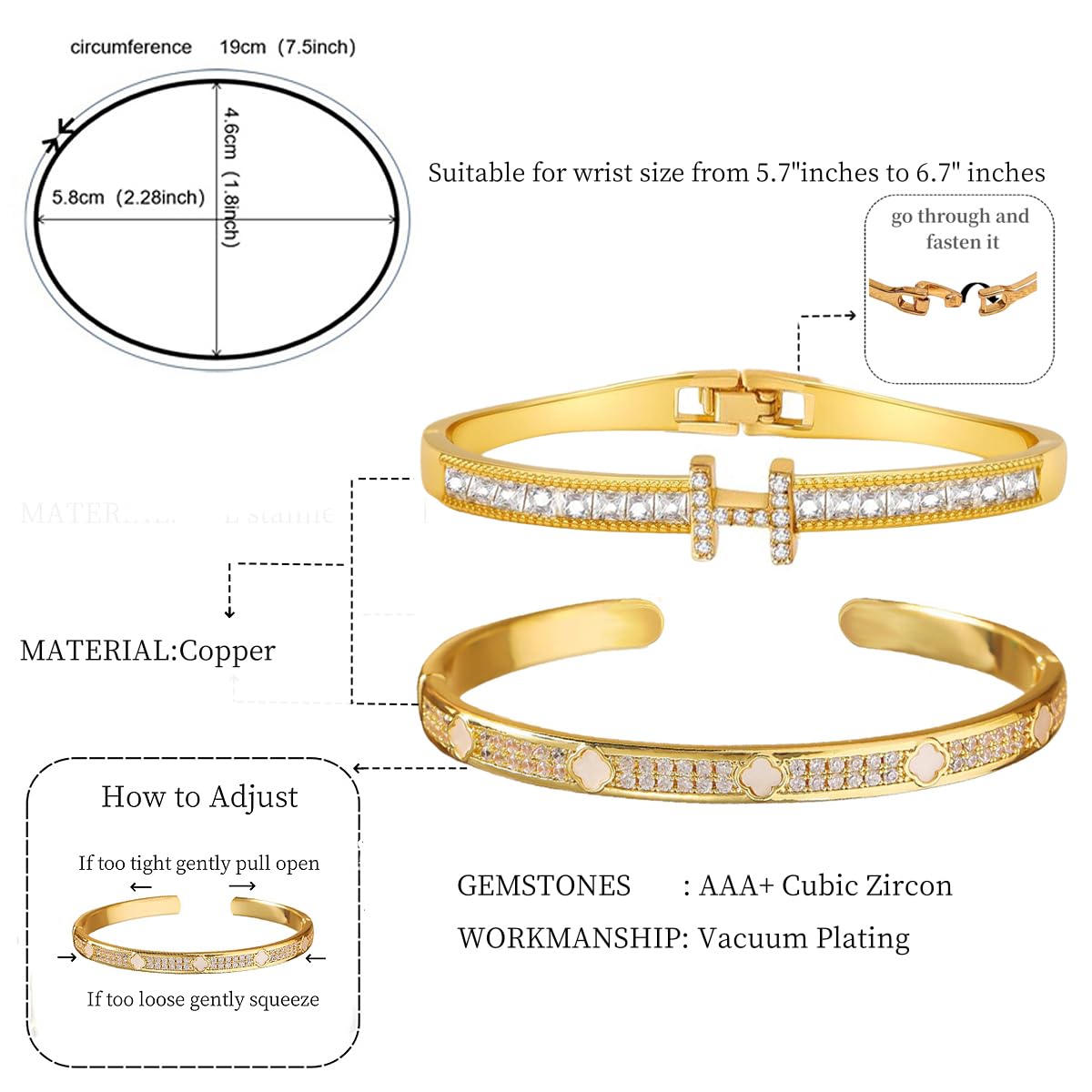14K Gold Plated Love Bracelets Set for Women Clovers Bangle Letter H Bangle Cubic Zirconia Bracelet 2Pcs Stackable Bracelet Set Trendy Gifts for Women