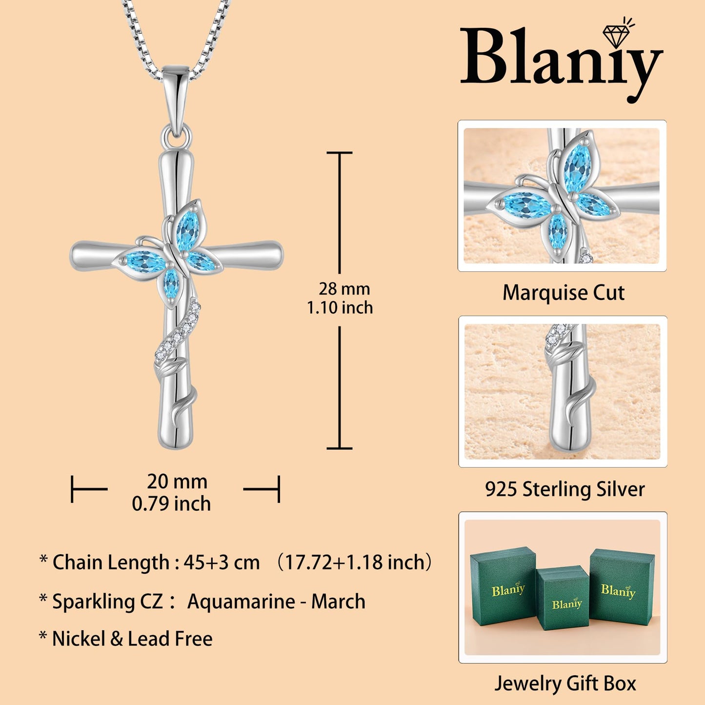 Blaniy Cross Necklace for Women 925 Sterling Silver Butterfly Necklace Aquamarine Pendant Necklaces March Birthstone Jewelry Gifts for Women