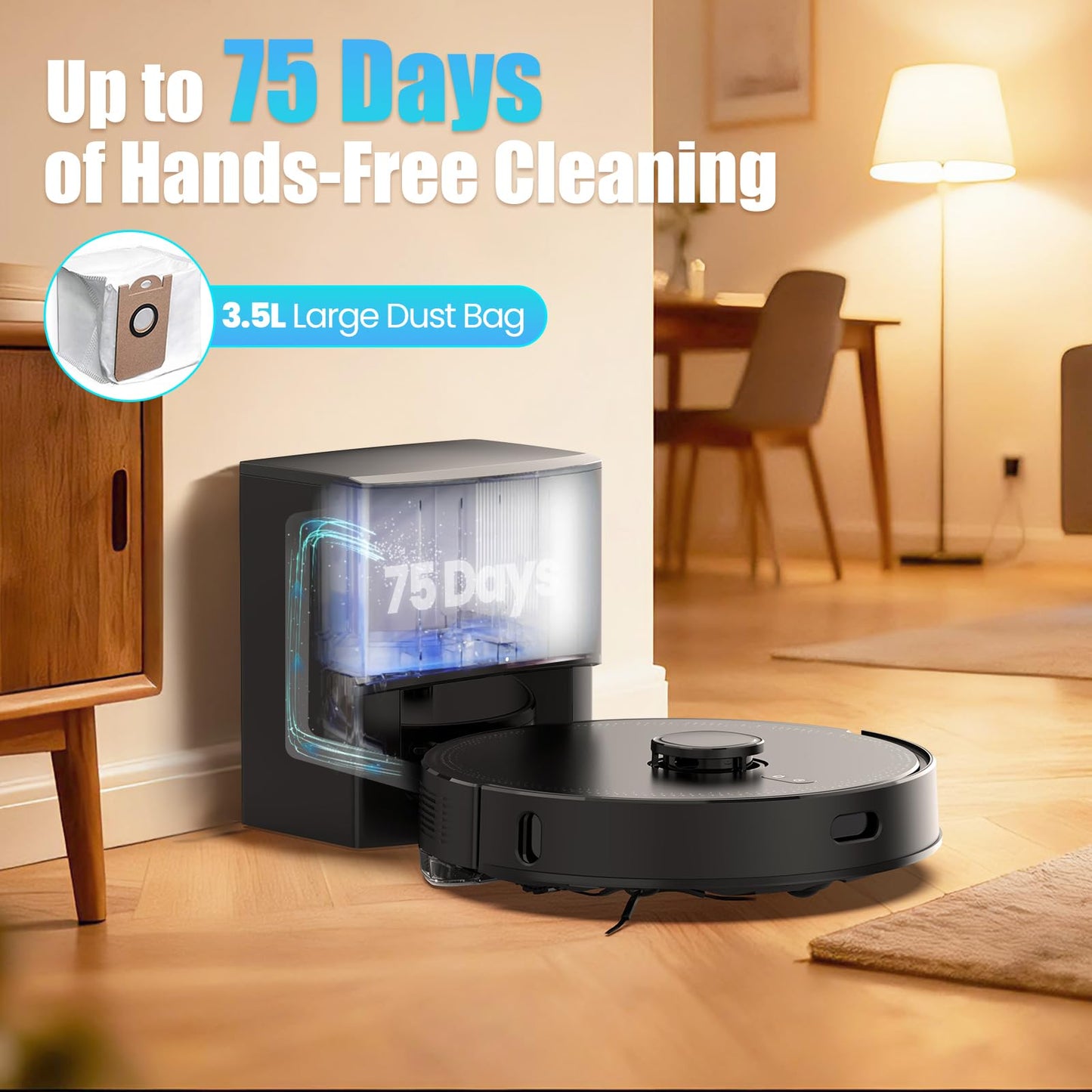 BOTLUXE E10+ Robot Vacuums and Mop, 75-Day Self-Emptying, 8000PA Suction, LiDAR Navigation, Home Mapping, APP & Voice Control, 150Mins Runtime for Pet Hair, Hard Floors, Carpets