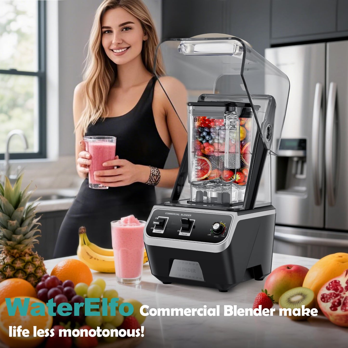 WaterElfo 2200W Commercial Blender for Smoothies - Professional Grade, High Speed Quiet Electric Countertop Blenders with Sound Enclosure, 68oz for Kitchen & Home Use