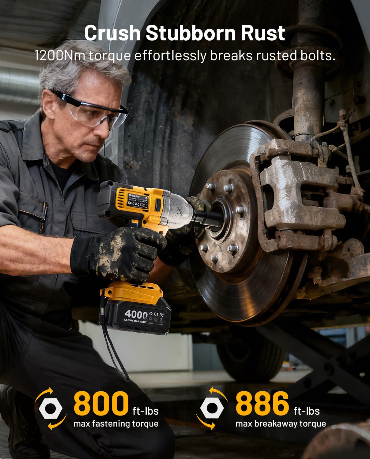 Cordless Impact Wrench 1/2 Inch, 1200N·m(886ft・lbs) Brushless High Torque Impact Gun, 21V Electric Impact Driver, 2x4.0Ah Batteries, Charger & 6 Sockets, Variable Speeds for Car/Truck RV/Mower