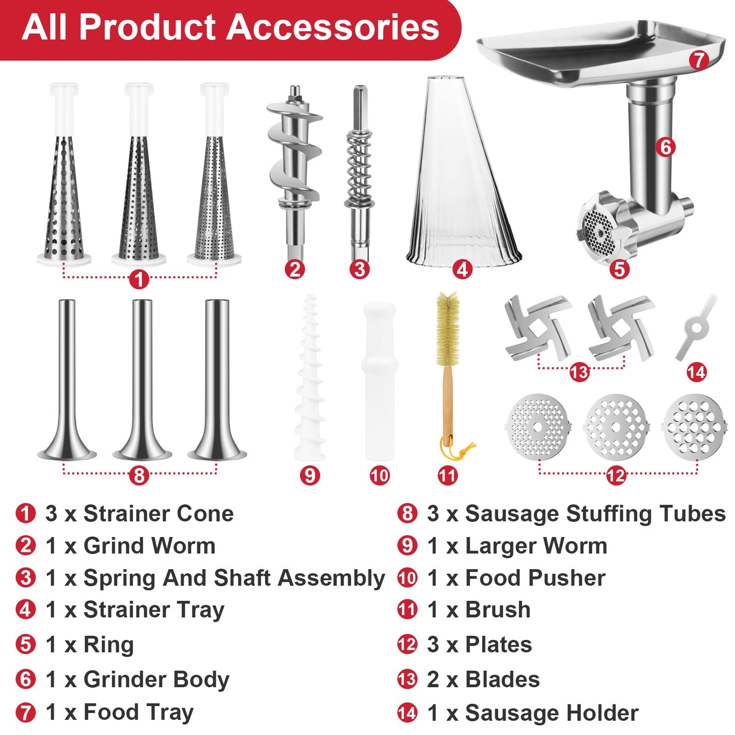Fruit & Vegetable Strainer Attachment and Food Meat Grinder Attachment for Kitchenaid Stand Mixer with Sausage Stuffer Tubes and Fruits Juicer Auger Strainer