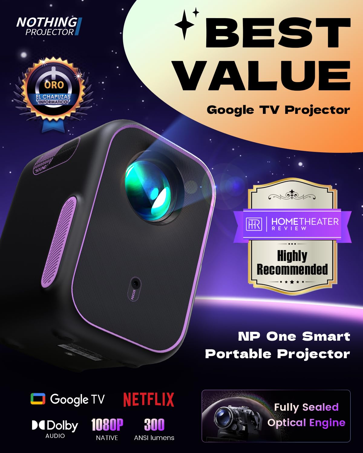NothPJ Google TV Projector with WiFi Bluetooth, 1080P Full Ultra HD 4K Supported, Smart Projection for Home Theater Movie, Outdoor Portable Mini HDMI NothingProjector NP One