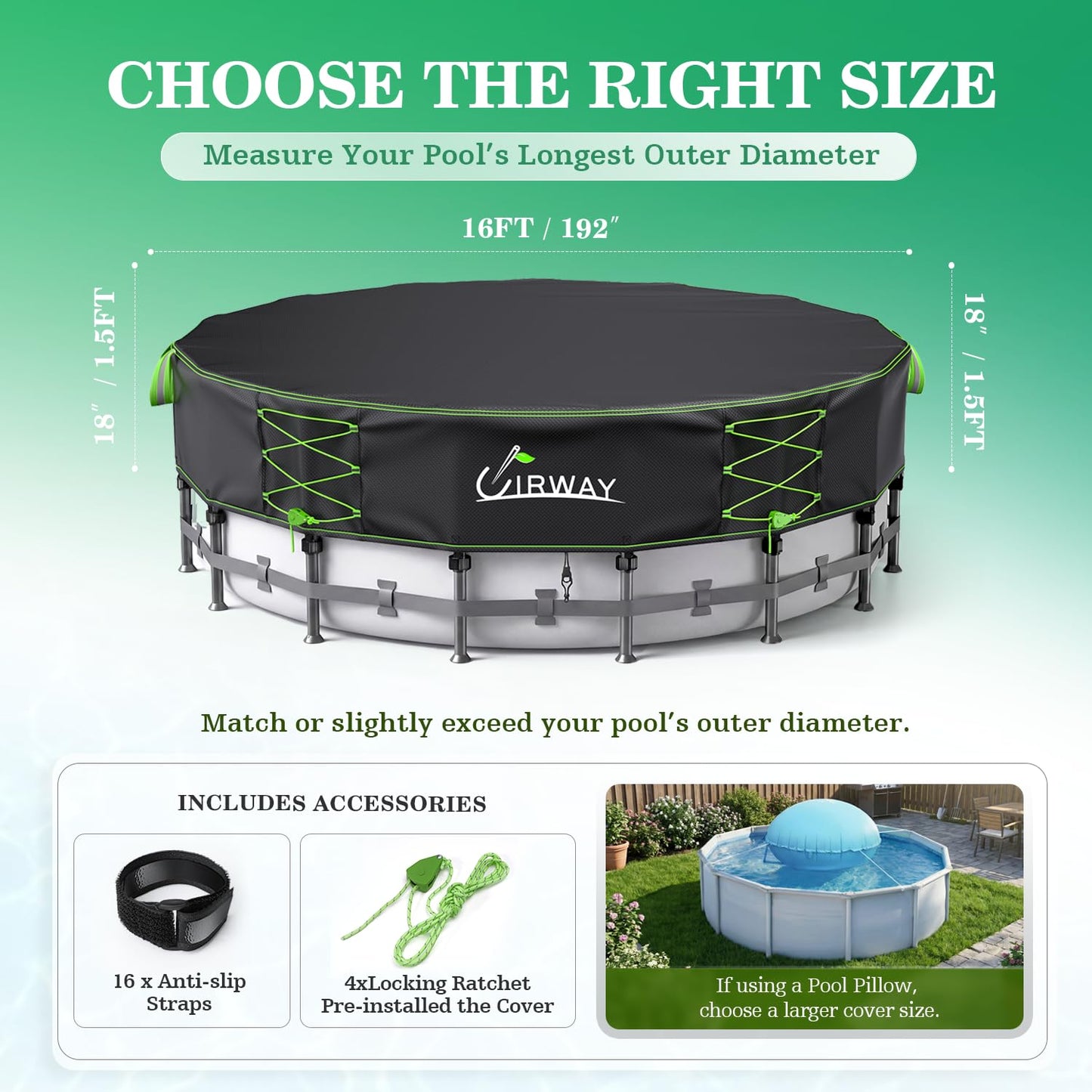 Uirway 600D Upgraded 16ft Pool Cover for Above Ground Pool, Tear Resistant Solar Pool Cover with Windproof Ratchet Locking System, Weatherproof Hard Pool Covers UV Protection, with Anti-Slip Straps