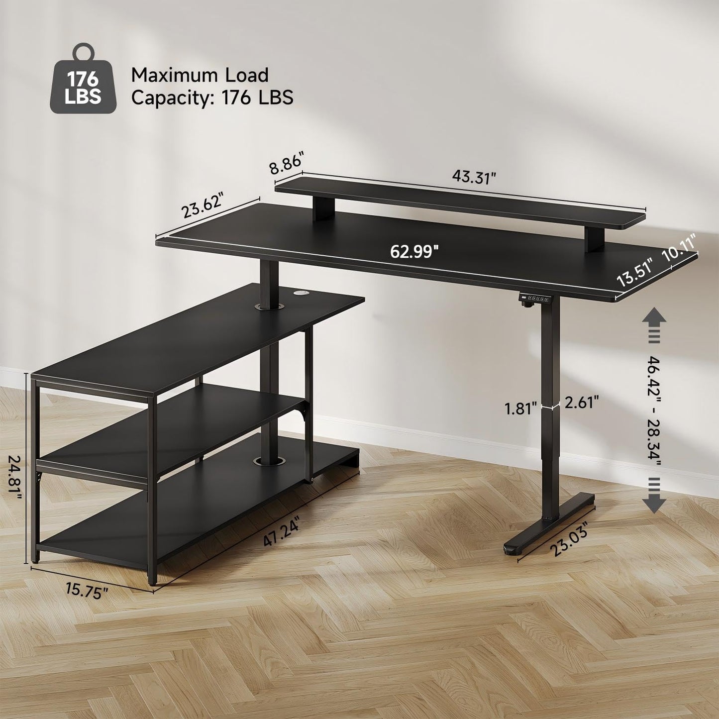 Lefurture Standing Desk with File Cabinet, 63x24'' L Shaped Electric Stand Up Desk with Adjustable Monitor Shelf, Adjustable Height 28-46'' for Home and Computer Workstation, Black
