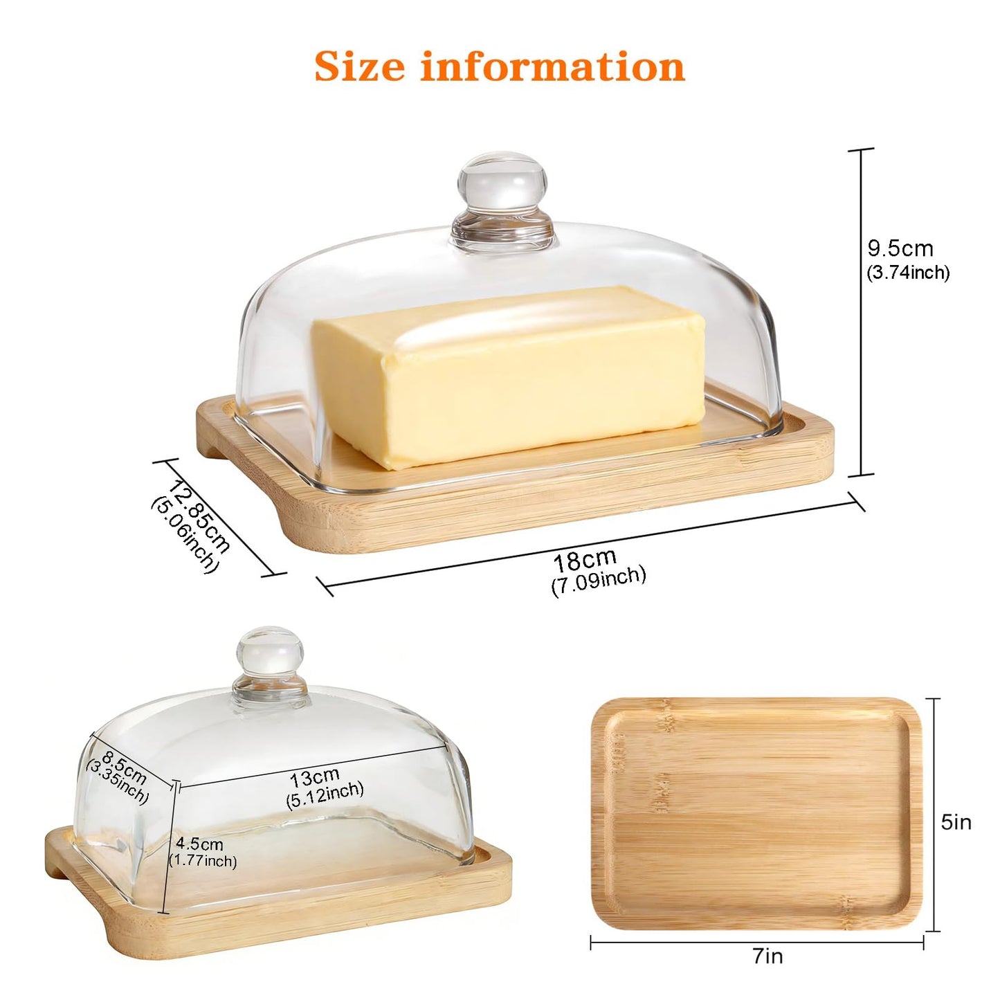 RingsTown wide butter dish with glass lid with Easy-Grip Handle Lid & Natural Bamboo Base - Airtight Seal for Butter Storage Box for Kitchen Countertop and Dining Table to Keep Butter Fresh.
