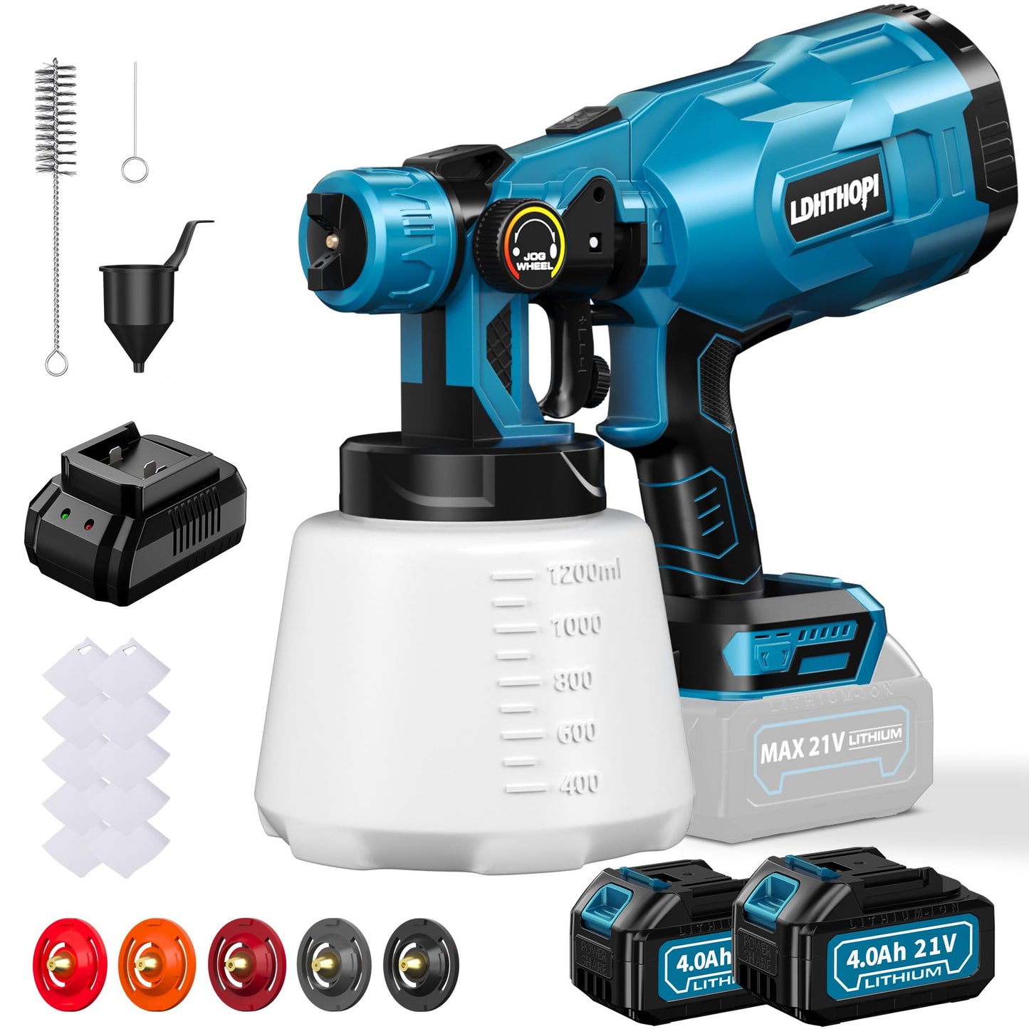 Cordless Paint Sprayer with 2x4000mAh Battery, 1000W High Power Electric HVLP Paint Sprayer Gun with 1200ml Large Container, 5 Copper Nozzles for Home and Furniture Painting