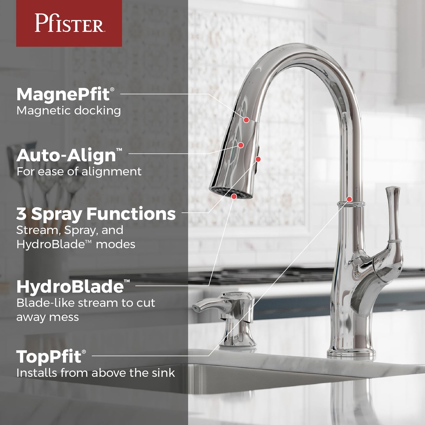 Pfister Alderwood Kitchen Faucet with Pull Down Sprayer and Soap Dispenser, Single Handle, NSF Certified, Polished Chrome Finish, F5297AWC