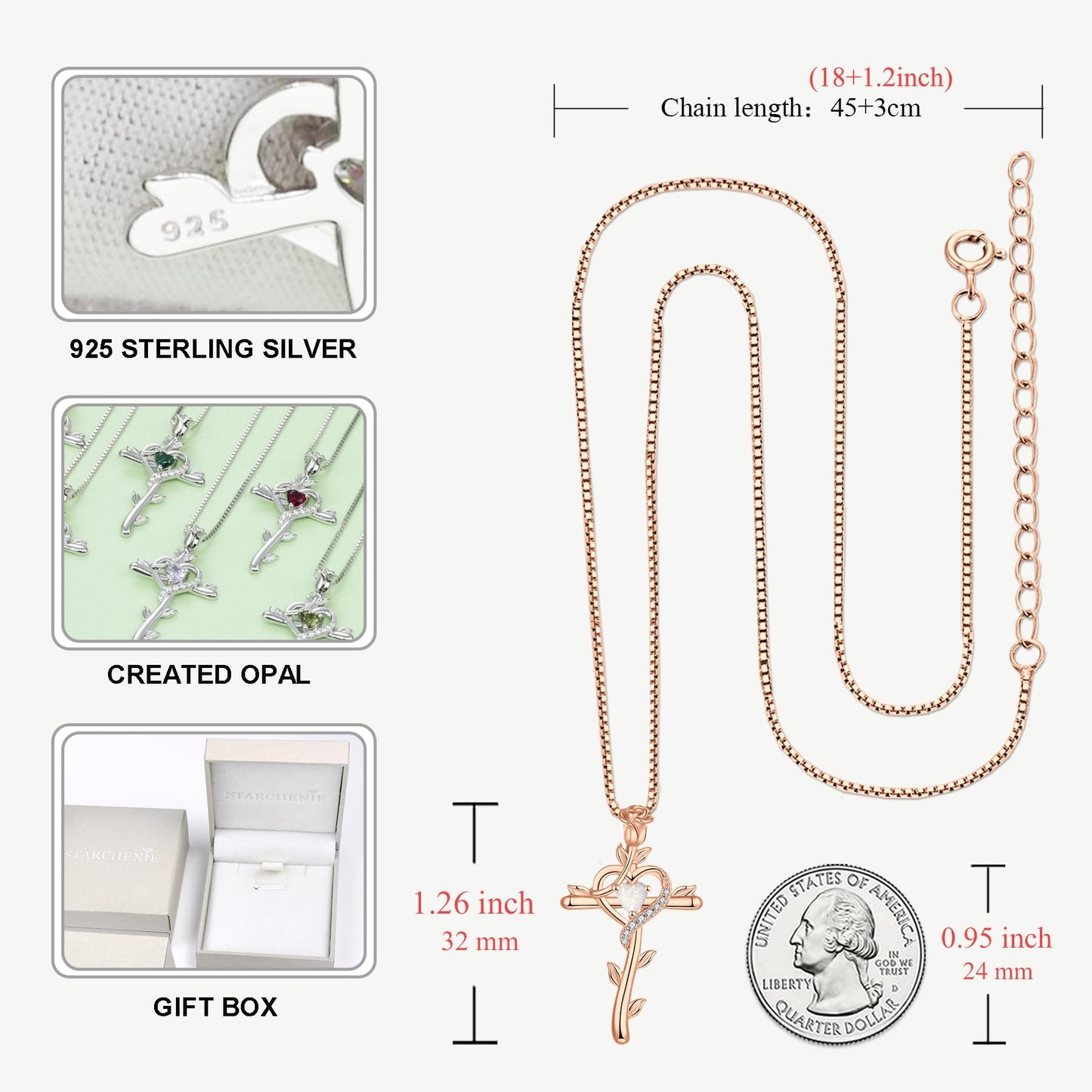 STARCHENIE Rose Cross Necklace, 925 Sterling Silver 14K Rose Gold Plated, Created Opal Heart Pendant, Crucifix Jewelry Gift for Women