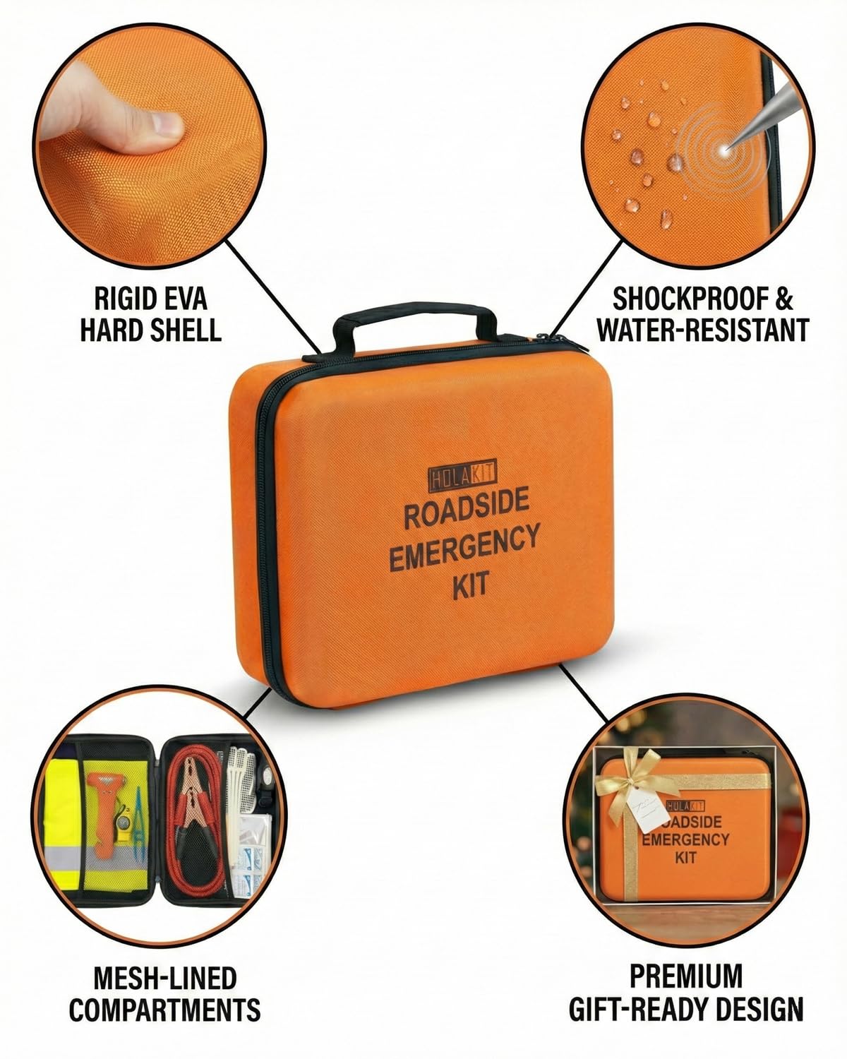 HolaKit Car Emergency Kit ā Roadside Safety Kit with Jumper Cables, LED Headlamp, First Aid, EVA Bag, Poncho, Safety Vest & More ā Ideal for Cars, SUVs, Teen Drivers & Families
