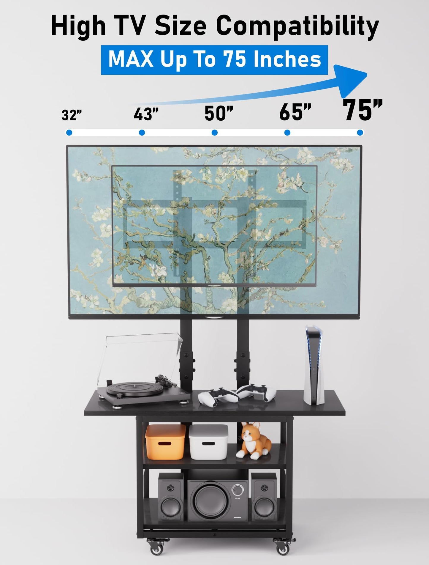 KAMIWI Tall TV Stand with Storage, Entertainment Center with TV Mount UP to 75 inch, Rolling TV Stand on Lockable Wheels for Bedroom, Living Room, Kitchen,Outdoor