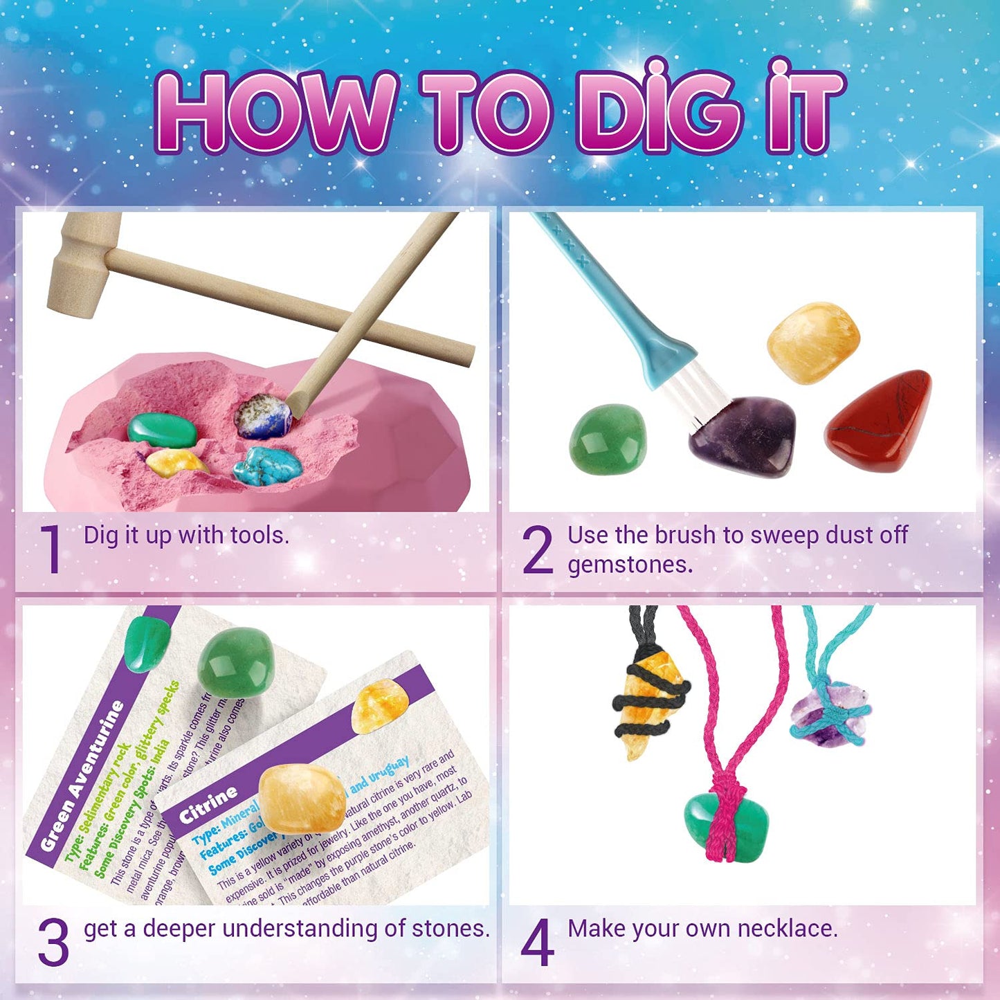 EDUMAN 6PCS Gemstone Dig Kit for Kids โ Dig Up Amethyst, Lapis Lazuli, Citrine, Red Jasper, Aventurine & Turquoise โ DIY Jewelry Making STEM Science Kit Gift for Girls and Boys Ages 6+