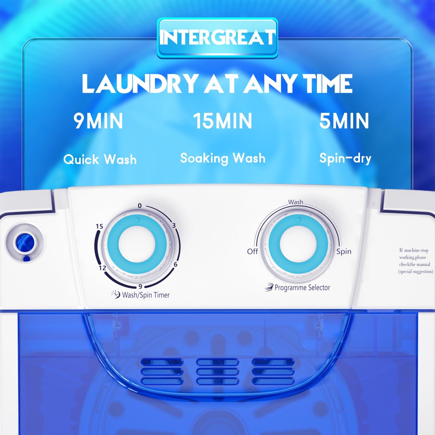 INTERGREAT Portable Washing Machine, 6.6 Lbs Mini Washer Machine Compact, 110V Single Tub Semi-Automatic Portable Laundry Washer Machine for Apartments, RV, Dorms, Traveling, Blue