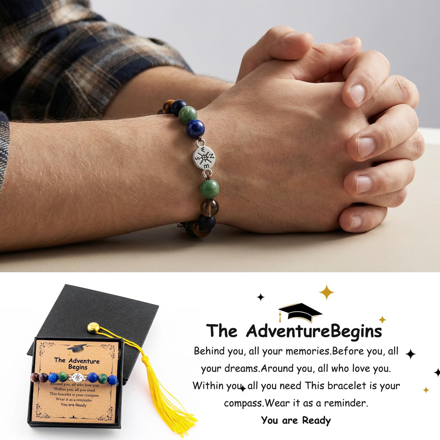 2026 Graduation Bracelet Gift Set for Her Him, 7 Chakra Bracelet & Matte Natural Stone Beaded Bracelet with Compass, Graduation Keychain, Inspirational Card & Gift Box for Middle High School Colle (Minimalist Matte)