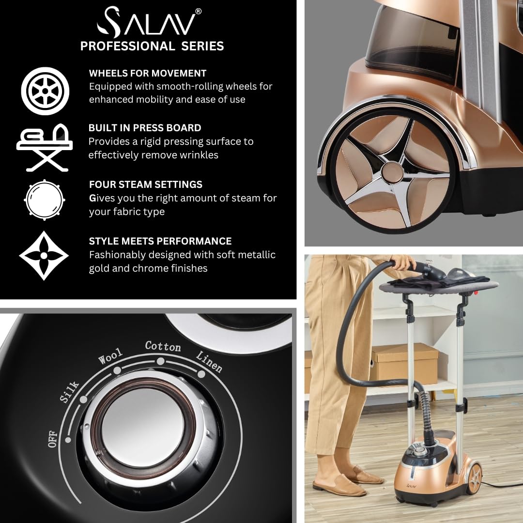 SALAV® Professional Garment Steamer with Built-in Ironing Board, 1500W Continuous Steam, 4 Steam Settings, Chrome Finish, Stainless Steel Steam Plate, Removable 1.8L Tank, Wheels for Easy Movement