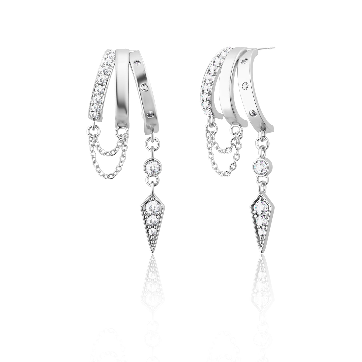 Freekiss Silver 3 Hoop Illusion Huggie Earrings for Women, Dainty Dangle Drop Chain Stud Earrings with Zircon, Sterling Silver Plated Hypoallergenic Women Jewelry Trendy