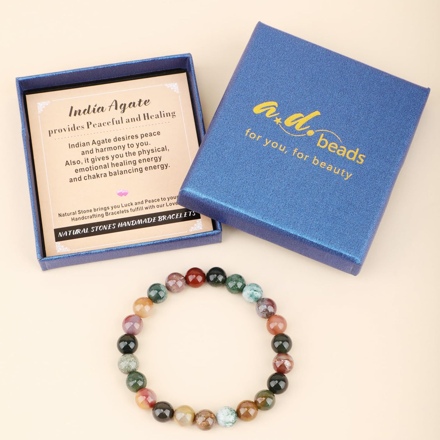 AD Beads Handmade Gemstone Stretch Elastic Bracelet Crystal Healing Reiki Nature's Beauty and Spiritual Essence Unisex (8mm, Indian Agate)