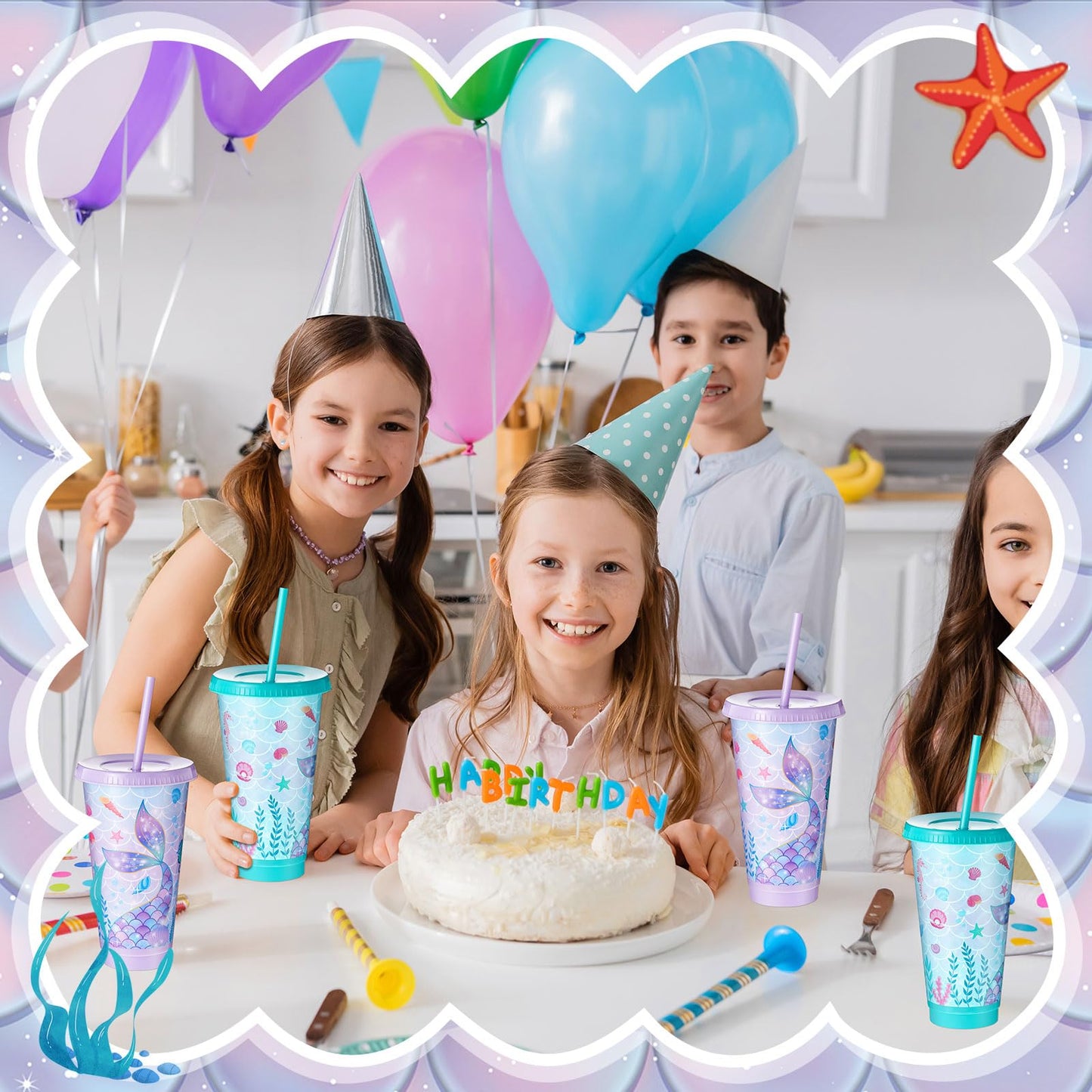 Uiifan 24 Pcs Mermaid Party Cups with Lid and Straw 24oz Mermaid Birthday Decorations Tail Shell Starfish Reusable Cup for Birthday Baby Shower Ocean Party Supplies