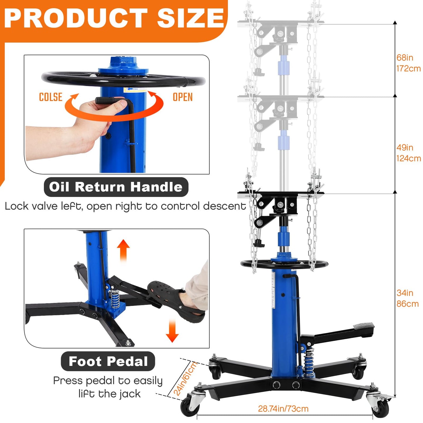 COZONY Transmission Jack, 1100lbs (1/2 Ton), 2-Stage Hydraulic Telescopic Design, Lifts 34"-68", with Foot Pedal & 360° Swivel Wheels, Ideal for Garage and Car Lifting, Blue