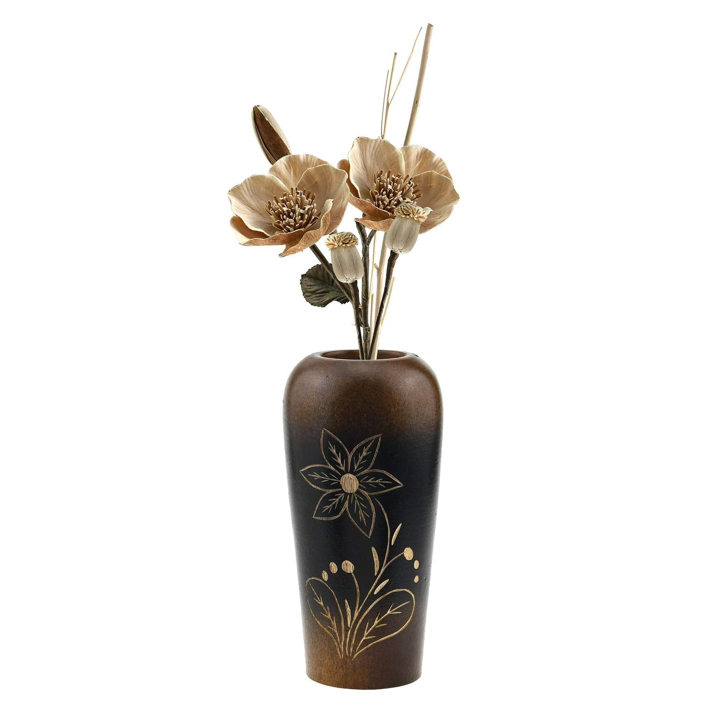 AeraVida Blooming Delicate Daisy Mango Tree Wood Flower Vase | Hand-Carved Brown and Black Decorative Piece for Home Décor | Handmade Natural Wooden Accent for Dried or Artificial Blooms