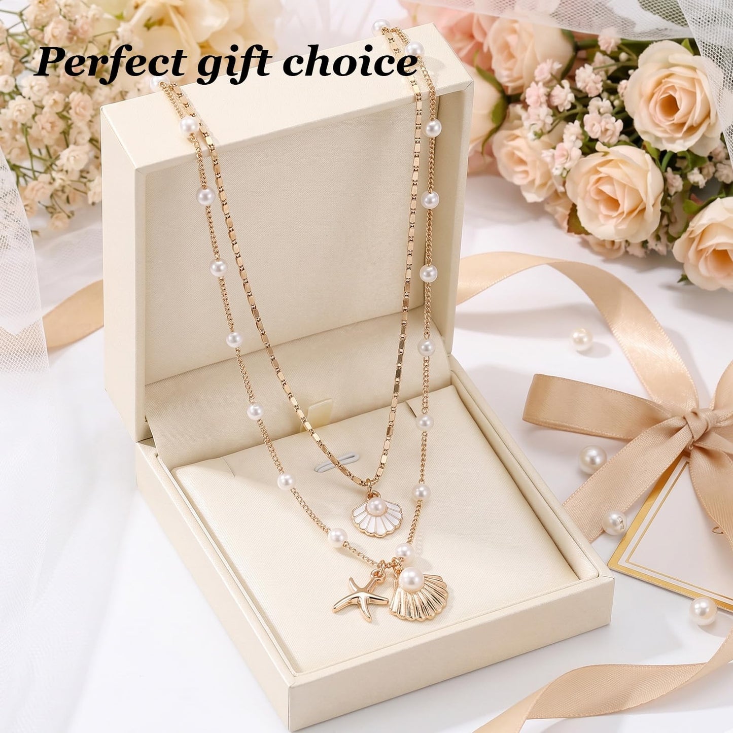 Shell Starfish Necklace for Women Gold Tone Layered Beach Jewelry Pearl Seashell Charm Adjustable Coastal Necklace for Summer Vacation Outfits Gifts