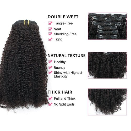 ABH AMAZINGBEAUTY HAIR Afro Coily Clip in Hair Extensions Real Human Hair 4B and 4C Double Wefts Remy Coily Clip ins for African Americans 120 Grams 7pcs 17 Clips, #1B Natural Black 16 Inch