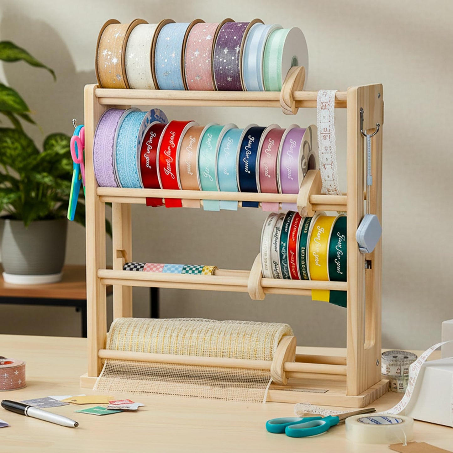 ππ«πππ’π Ribbon Storage Rack, 4-Tier Ribbon Organizer Spool Holder Dispenser, Display Sewing Thread Mesh Ribbon Wreath Washi Tape for Craft Room Shops Boutiques Florist Gift Wrapping