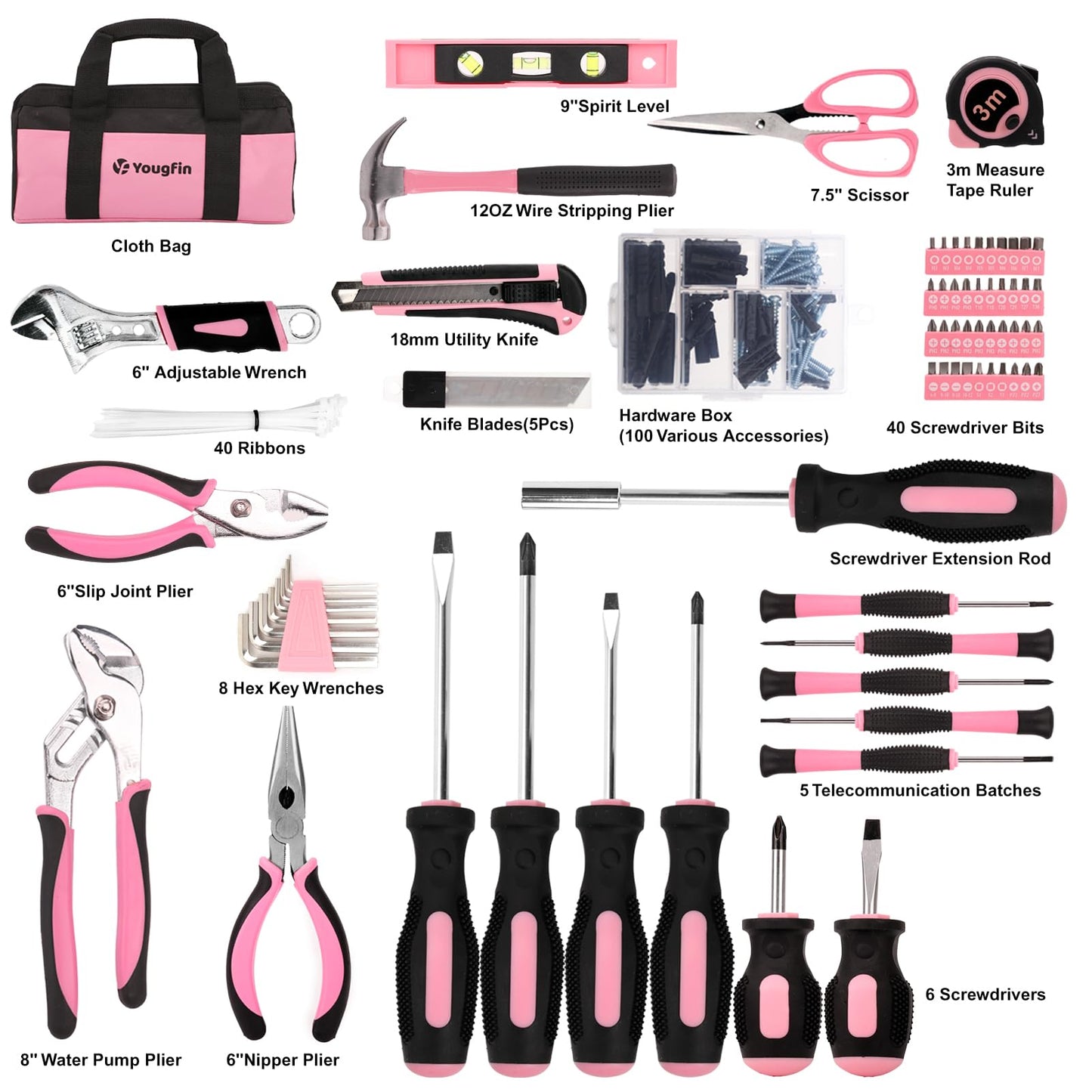 Yougfin Pink Tool Set, 215 Pcs Home Repairing Tools Kit For Girls & Women With Portable Bags, Includes All Essential for Household, Garage, Office and College Dormitory Use, Pink & Black
