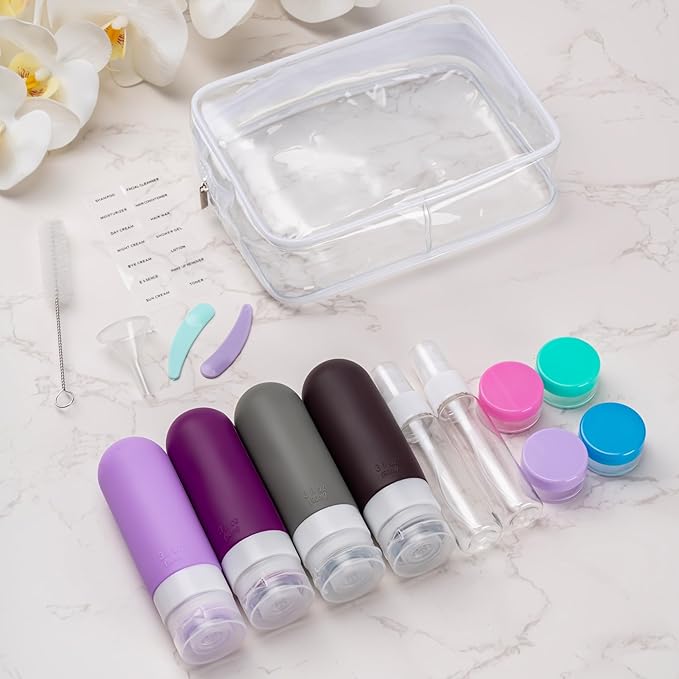 16pack Travel Bottles for Toiletries, TSA Approved LeakProof Squeezable Silicone Toiletry Containers for Shampoo, Conditioner, 3oz Portable Refillable Traveling Size Liquid Containers (16Pcs/Purple)