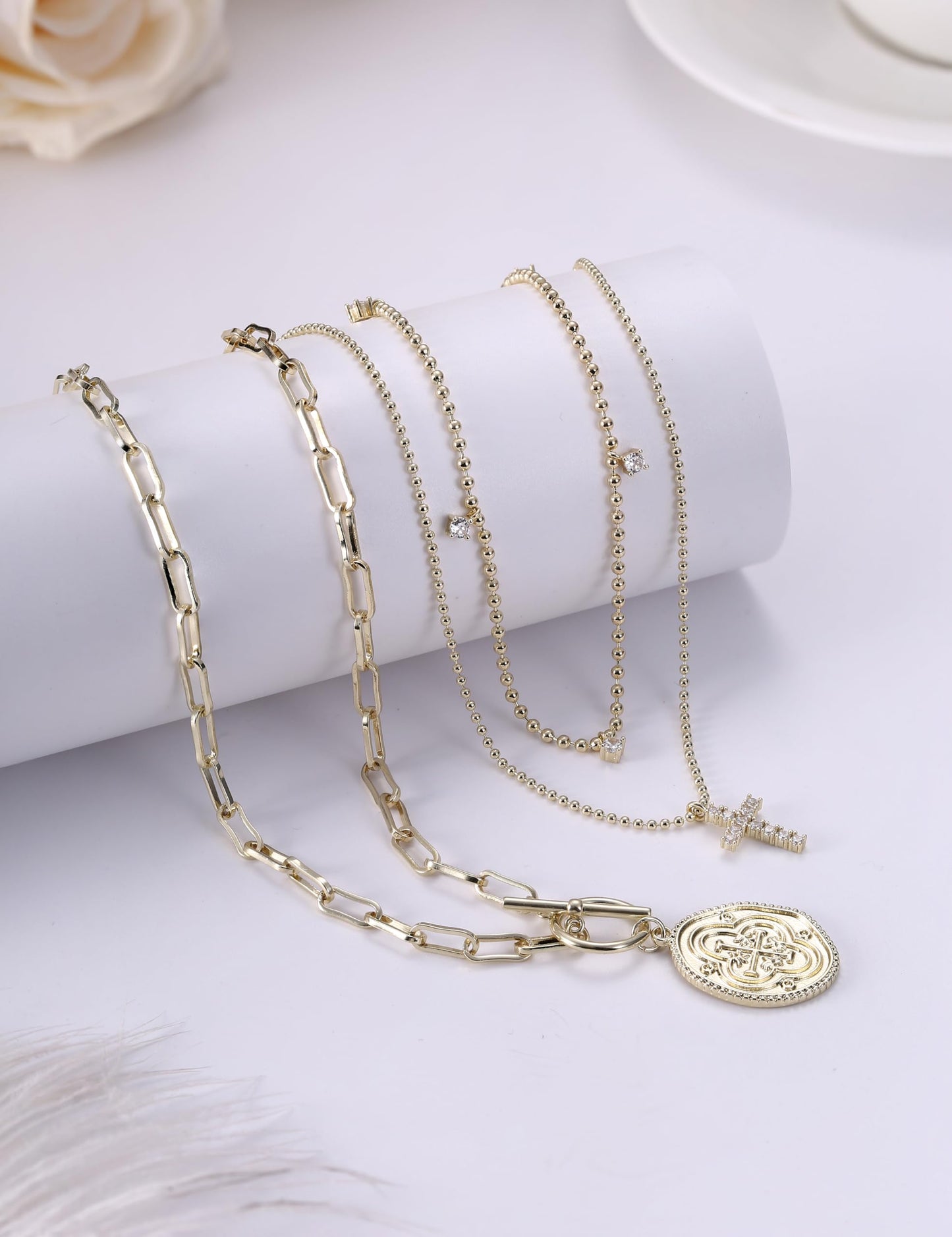 ORAZIO Layered 14K Gold Plated Necklaces for Women Dainty Necklace Stack Silver Plated Non Tarnish Free Pendant Chunky Chain Pearl Paperclip Cross Heart Necklace Set for Women D