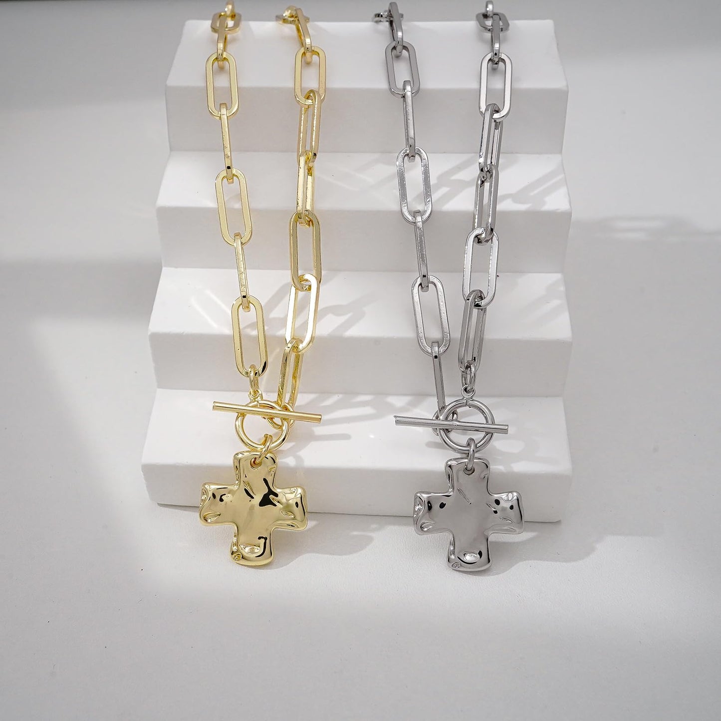 Bheop Chunky Cross Necklace for Women Trendy 14K Real Gold Plated Statement Cross Pendant Charm Necklace Toggle Clasp Long Big Paperclip Faith Chain Costume Jewelry Gift Non Tarnish 2.5CM