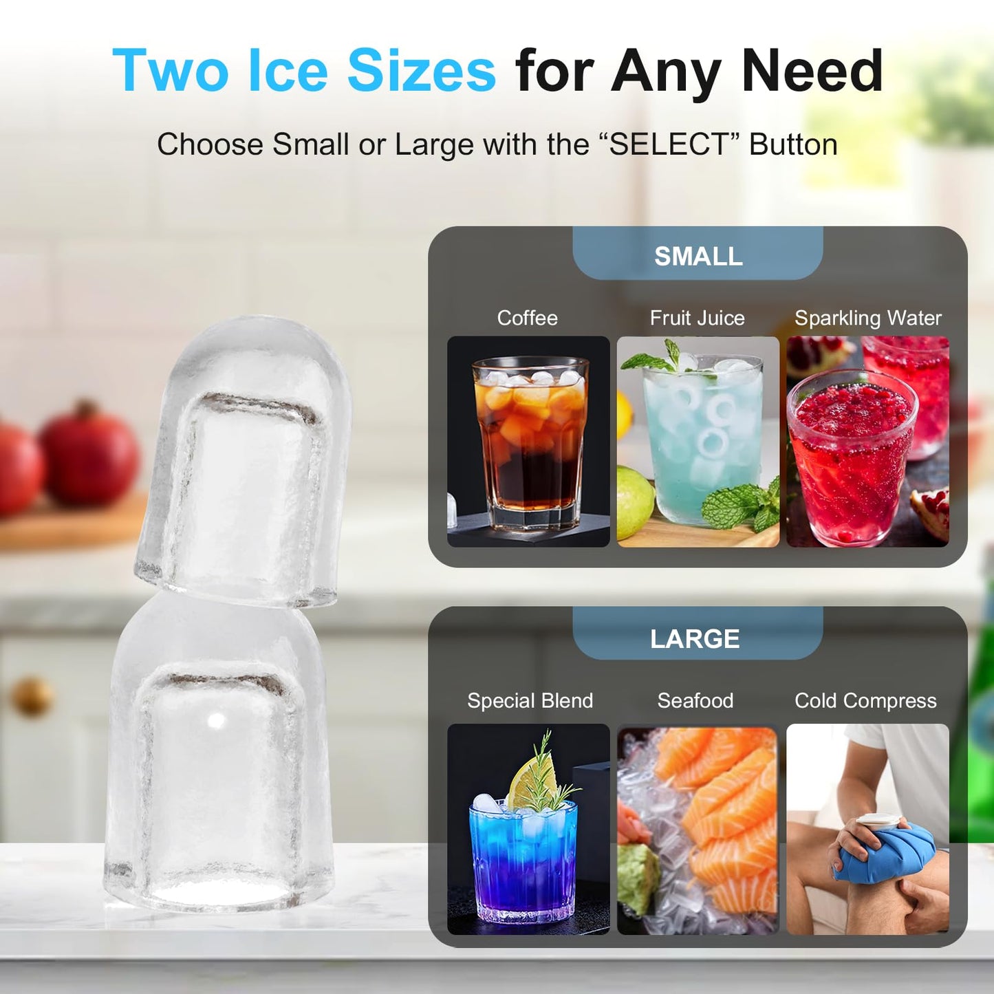 Kismile Countertop Ice Maker with 1.2L Top Water Tank, 8 Bullet Cubes in 6 Mins, 26.5lbs in 24Hrs, 2 Ice Sizes, Self-Cleaning Portable Ice Maker with Basket and Scoop, for Home/Camping/RV, Dark Black