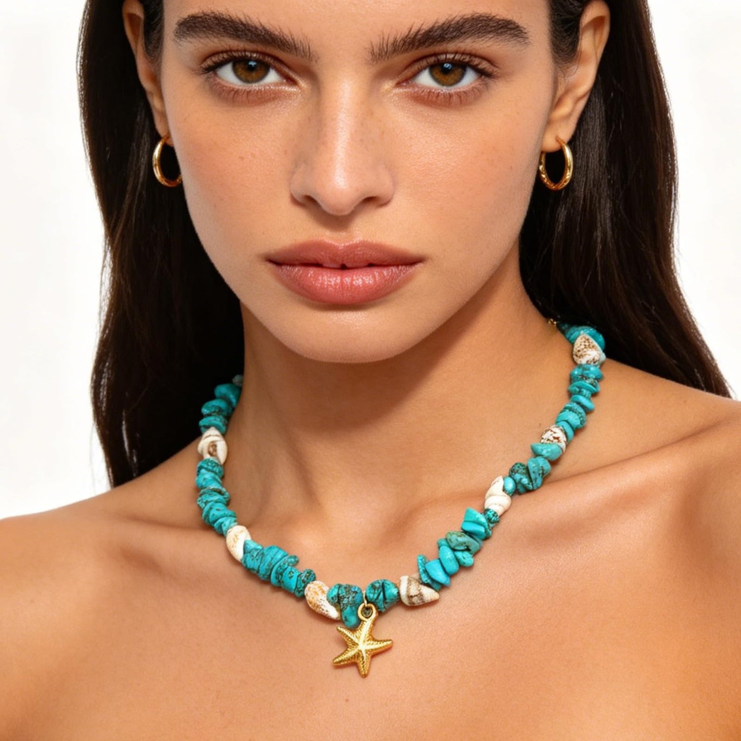 Starfish Turquoise Necklace for Women, 14K Gold Plated Dainty Starfish Turquoise Beaded Necklaces Handmade Beach Summer Boho Shell Ocean Choker Beachy Vacation Necklaces for Women Blue 16 Inches