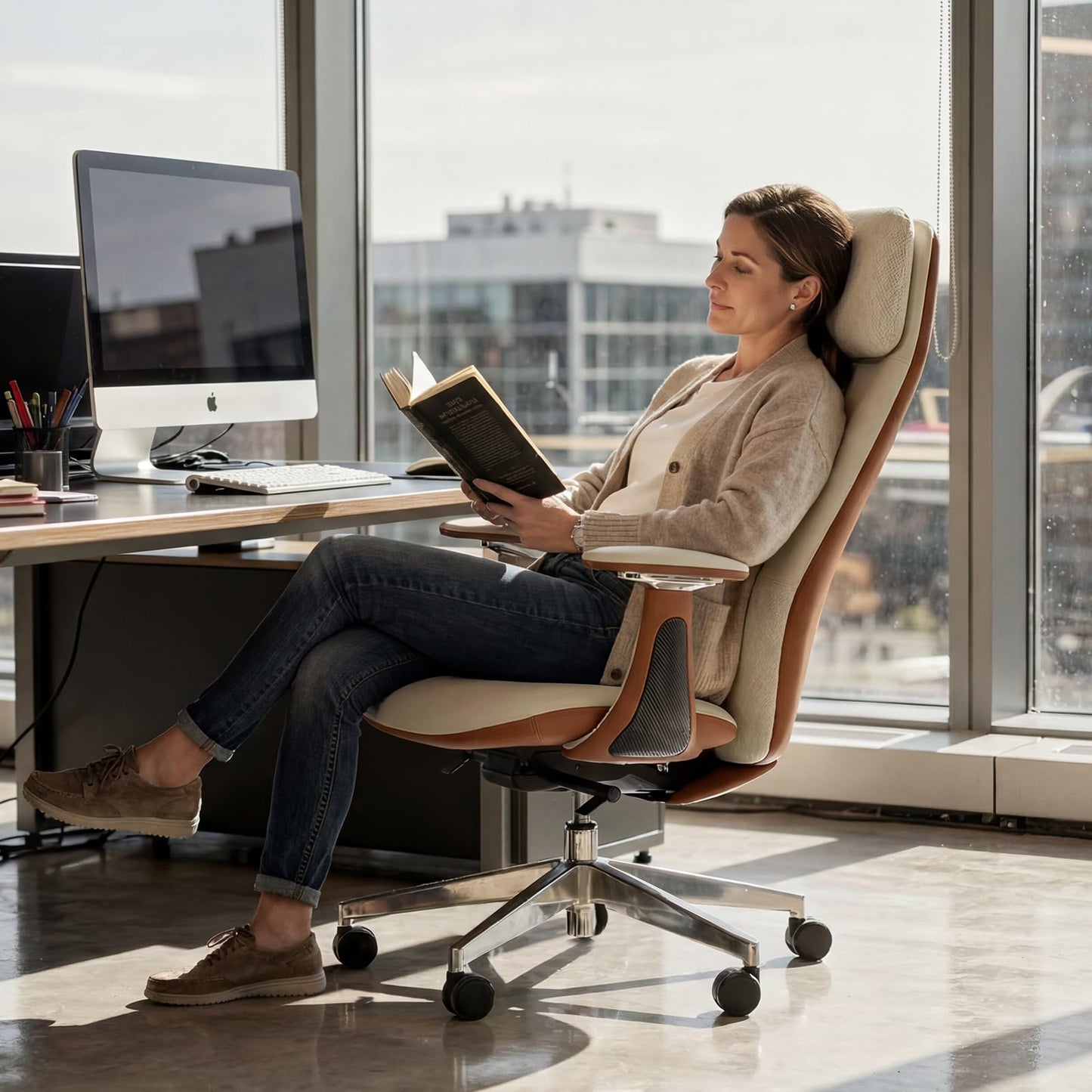 FurniBaron Genuine Leather Office Chair, Big and Tall Executive Office Chair with Adjustable High Back and Lumbar Support, 400lbs Heavy Duty Design with Wheels (White)