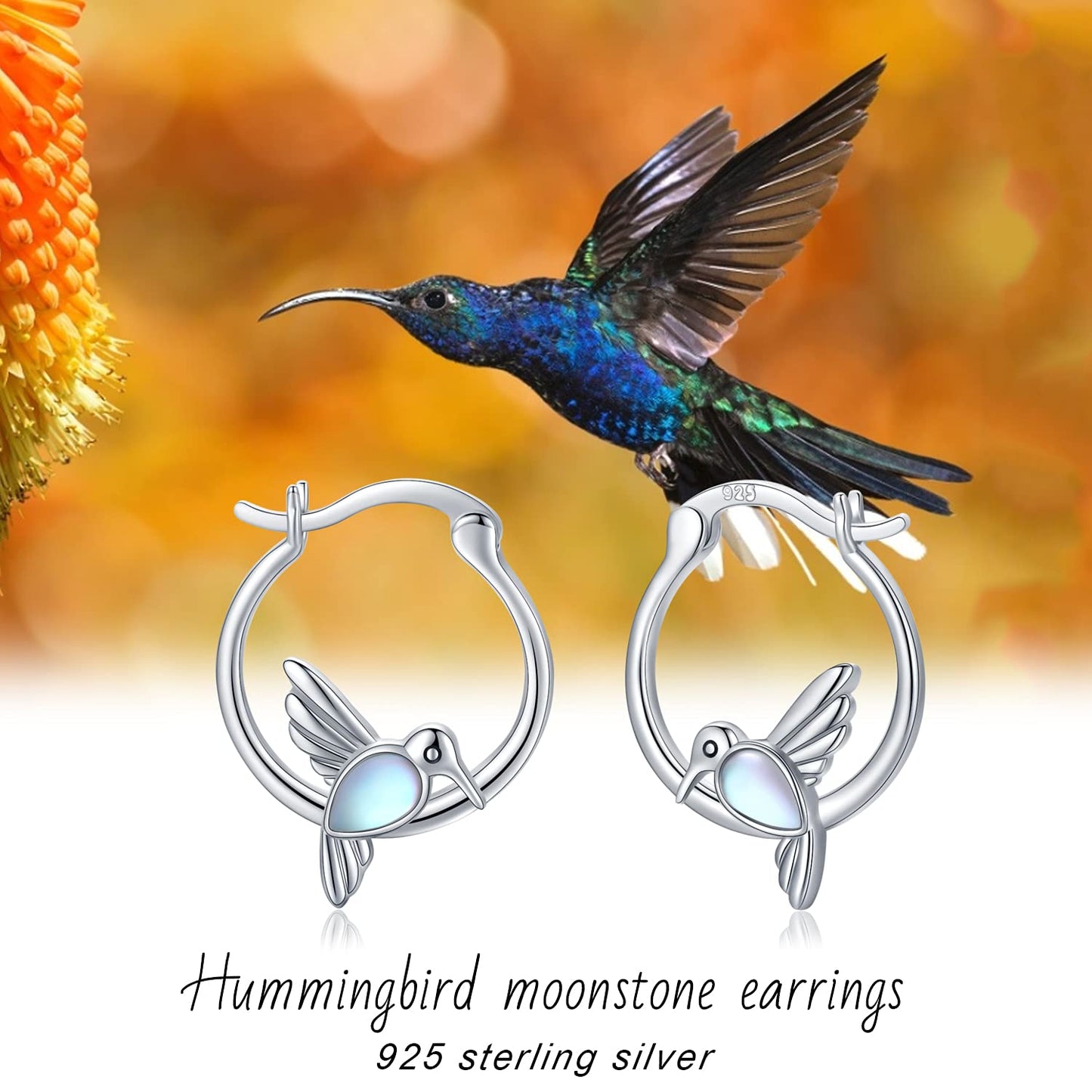 Sterling Silver Hummingbird Huggie Hoop for Women Hummingbird Moonstone Earrings Jewlery Graduation Gifts for Women Daughter Her Sensitive Ears