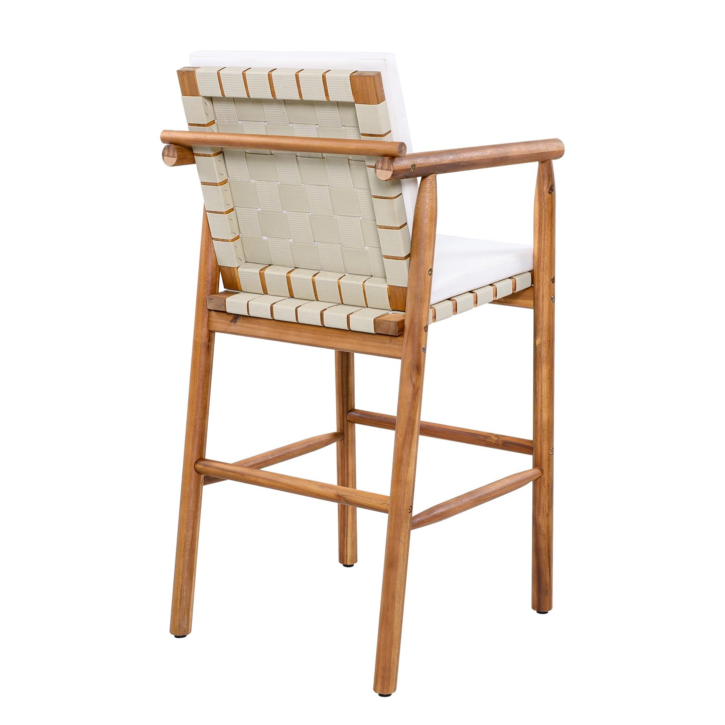 Trygoal Outdoor Bar Stool Set of 2, Patio Bar Chairs with High Back & Arms, Acacia Wood with Breathable Woven Seat, Adjustable Anti-Wobble Feet, for Garden/Deck/Pool, Beige Cushions Included