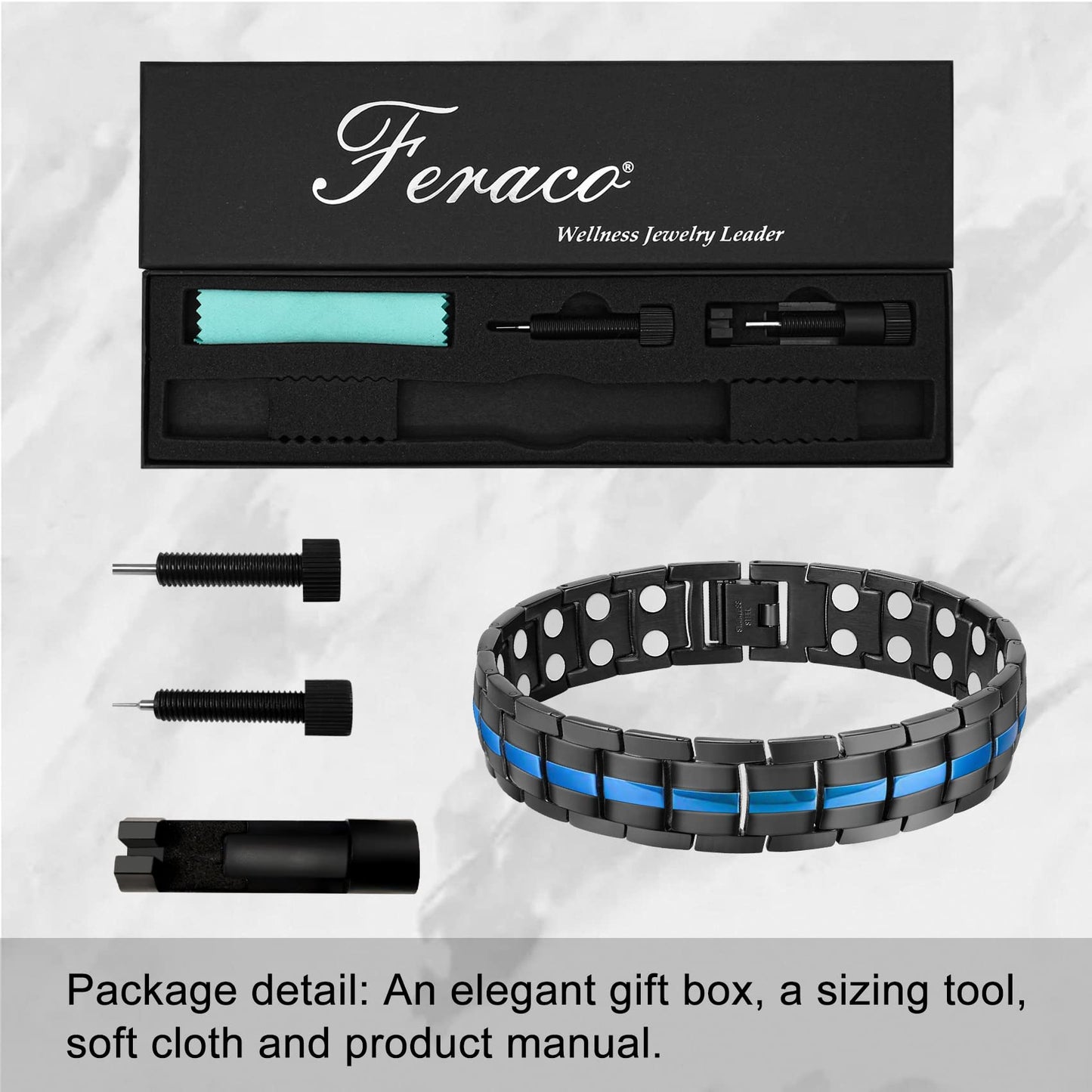 Feraco Magnetic Bracelets for Men Women Titanium Steel Double Row Strong Magnets Bracelet with Unique Blue Line, Adjustable Bracelet (Pack of 2)