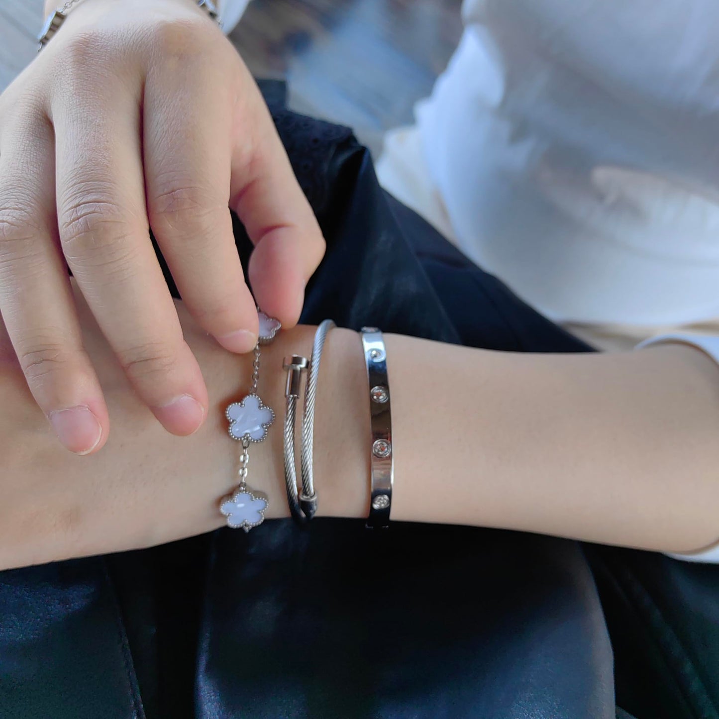 Jade cabbage Gold Bracelets for Women 18K Gold Plated Love Friendship Bracelet With Cubic Zirconia Cuff Bangle Jewelry Set Witness the Gift of Love (Silver 3pcs-A Large 7")