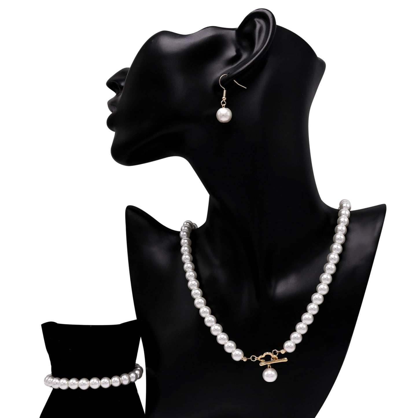 Cryshimmer Pearl Choker Necklace for Women 16K Gold Plated Faux Pearl Beads Strand Necklace Bracelet Earring Set Costume Jewelry(4-leaf Clover Clasp-3PCS)