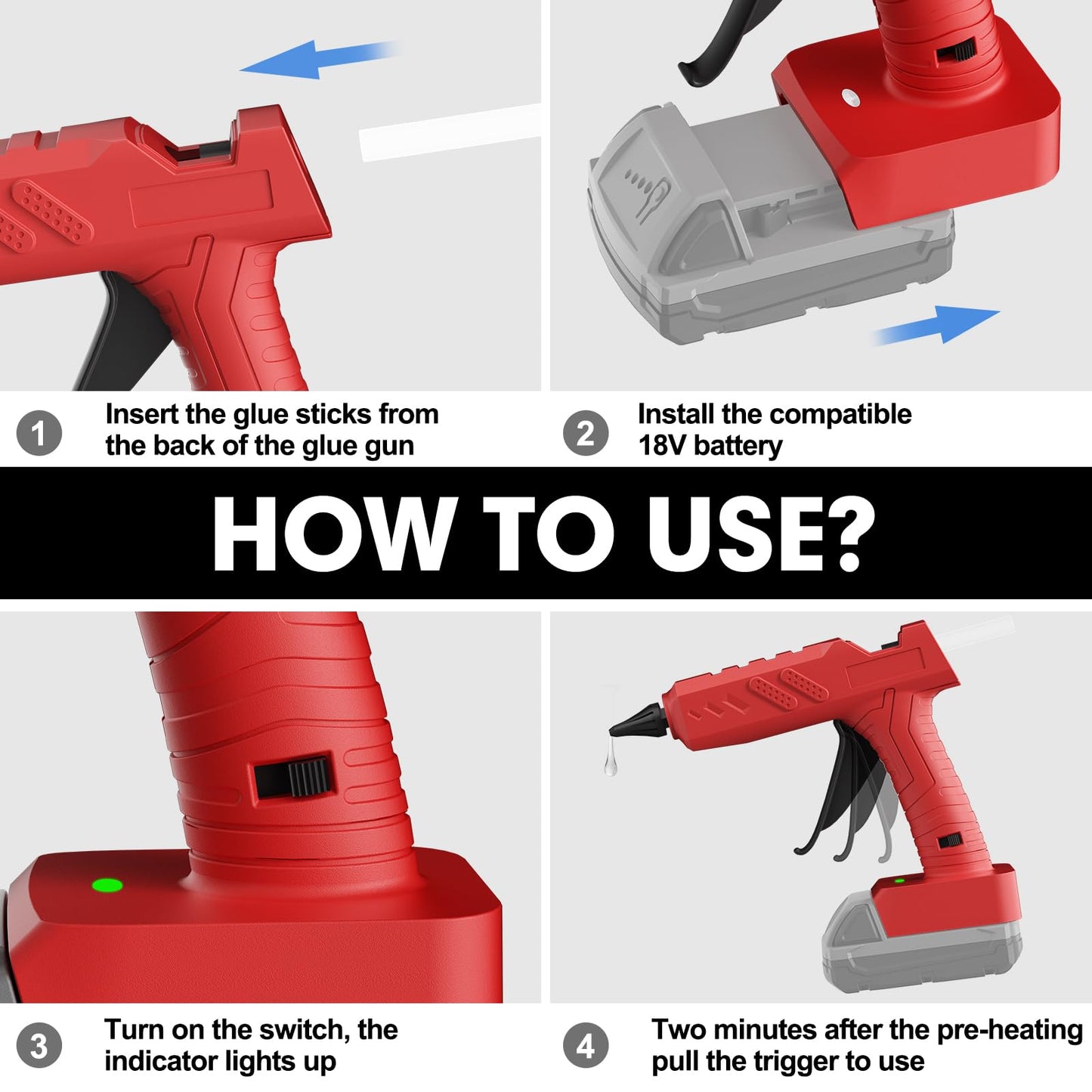 Cordless Hot Glue Gun for Milwaukee 18V Battery, 60W Full Size Craft Glue Gun, Handheld Hot Glue Gun Kit with 30pcs 0.43'' Glue Sticks for Home Repair Arts Crafts DIY(No Battery)