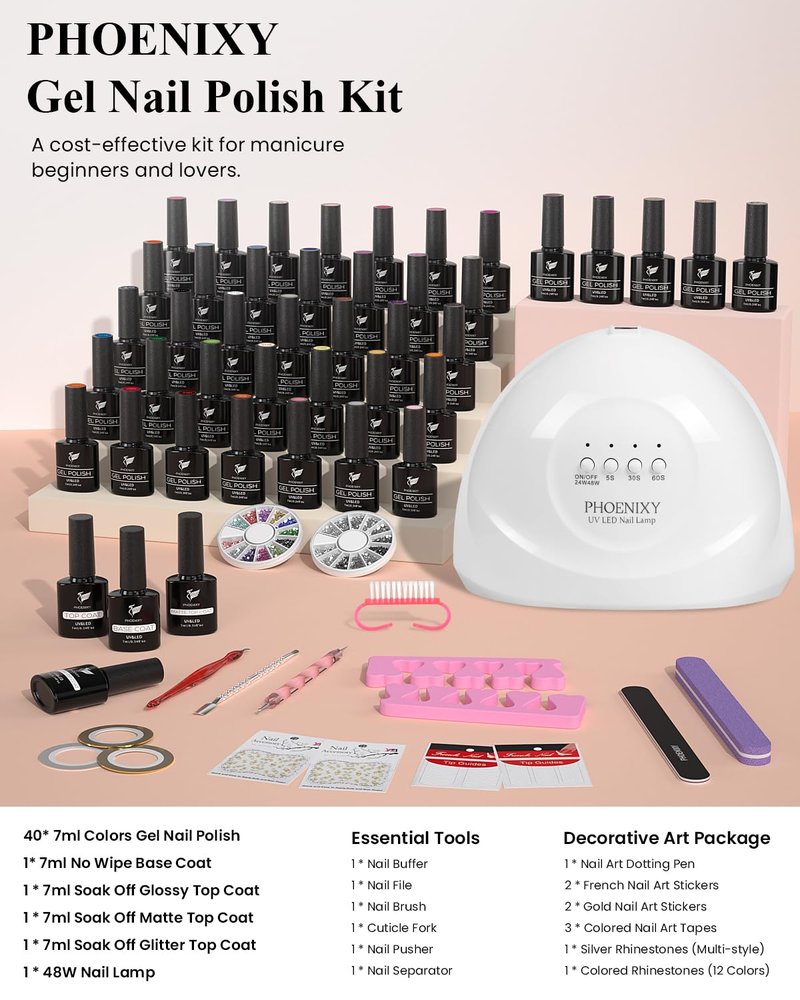 phoenixy 61 PCS Gel Nail Polish Kit with U V Light, 40 Colors Gel Nail Polish Set Manicure Starter Nail Kit Base Top Coat Gifts for Women
