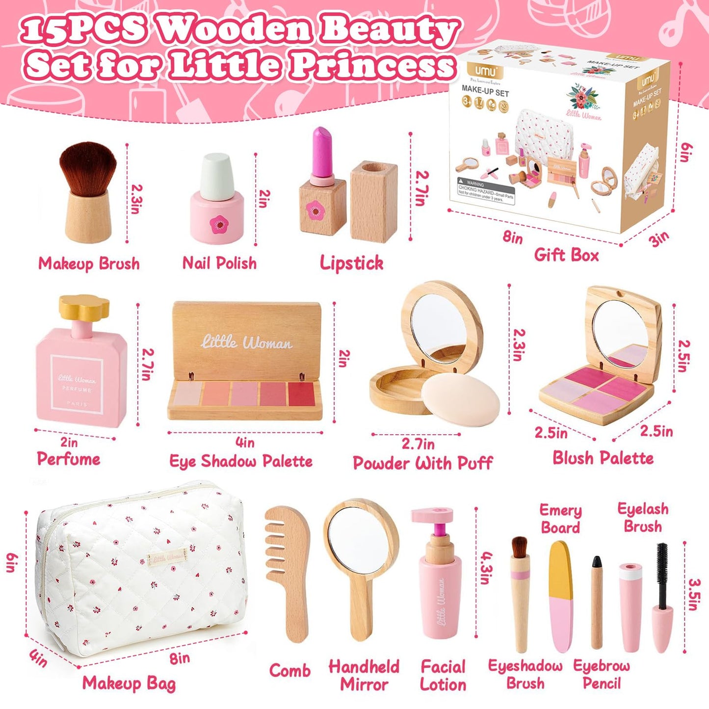 Treasdamic Wooden Makeup Toy Set for Girls - Pretend Play Makeup Kit for Toddlers 3-5 with Eyeshadow/ Mascara/ Perfume/ Blush/ Mirror/ Bag, Birthday Gifts for Girls Toys Kids Aged 3 4 5 6 7 8