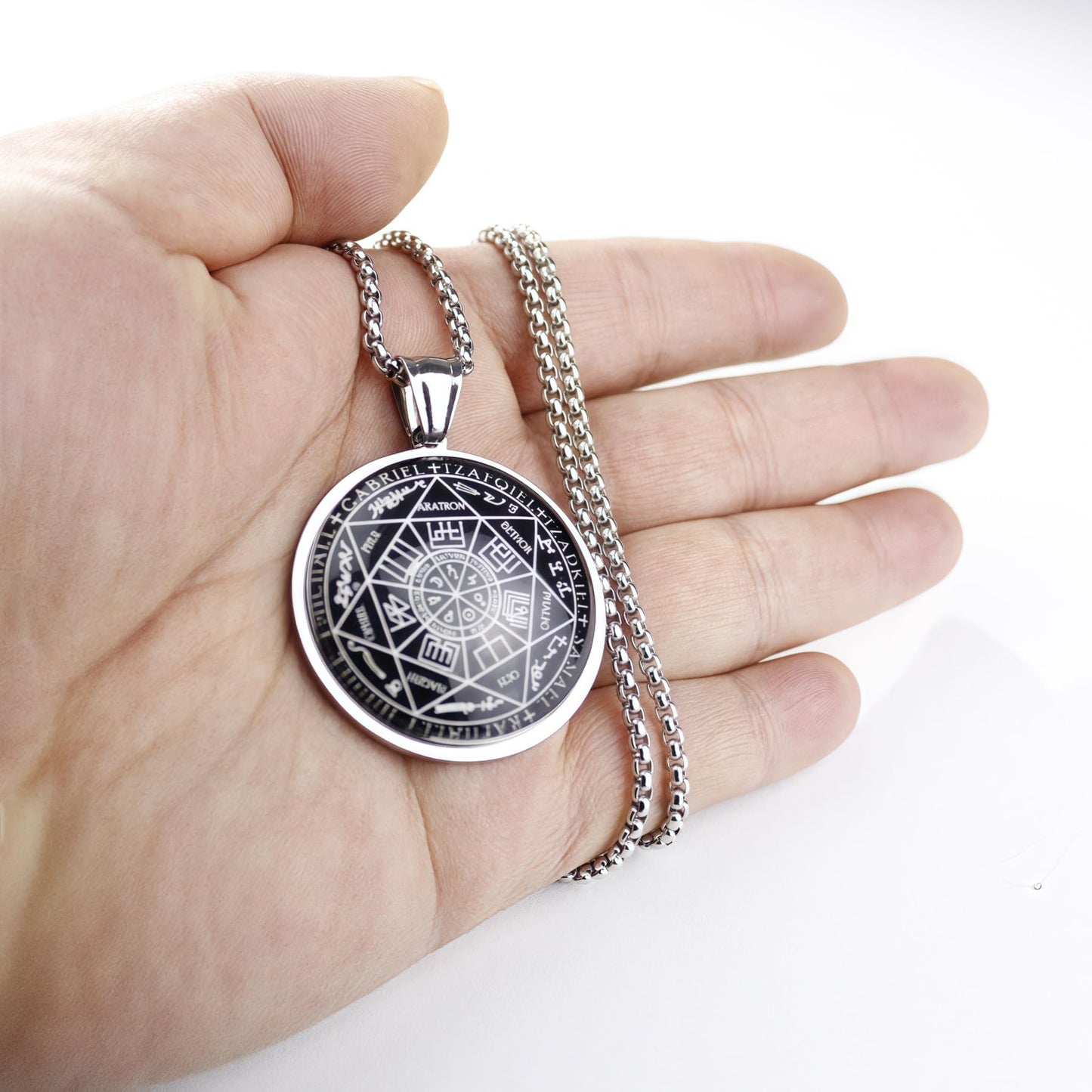 Seven Angel Medal Pendant Stainless Steel Glass Solomon Talisman Necklace Guardian Jewelry Men and Women 24 inch Gift Set (silvery)