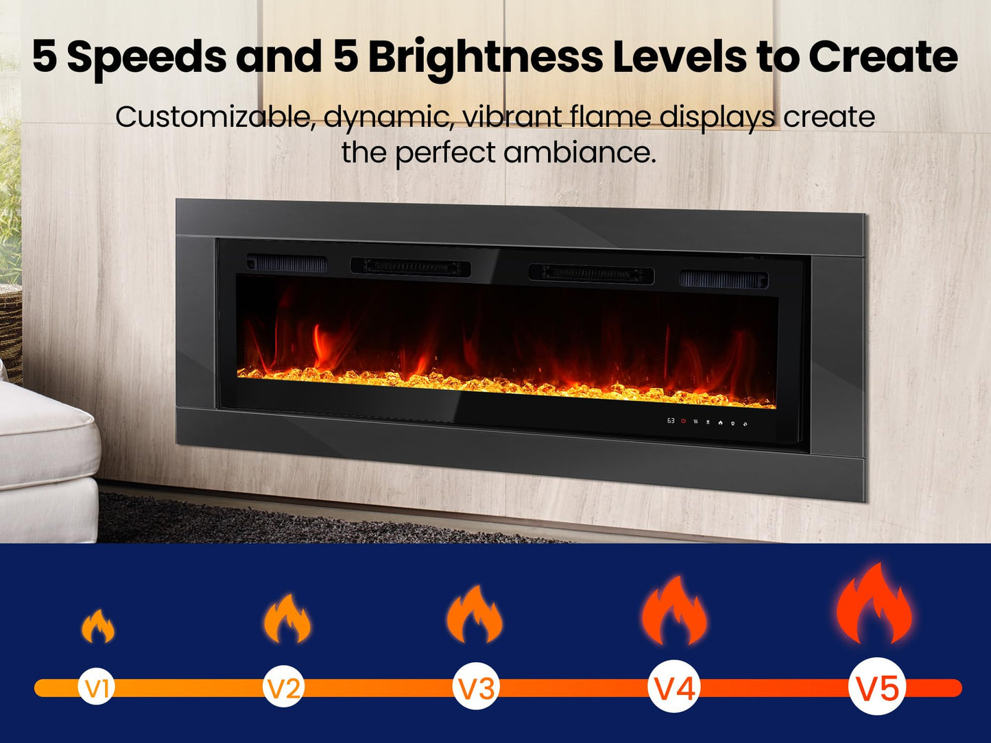 RealSmart Electric Fireplace Heater Inserts 60" Wall Mounted Electric Fireplace 750W/1500W in-Wall Recessed Heaters with Remote Control,Fit for 2 X 6 stub,12 Adjustable Color Flame & Brightness,Timer