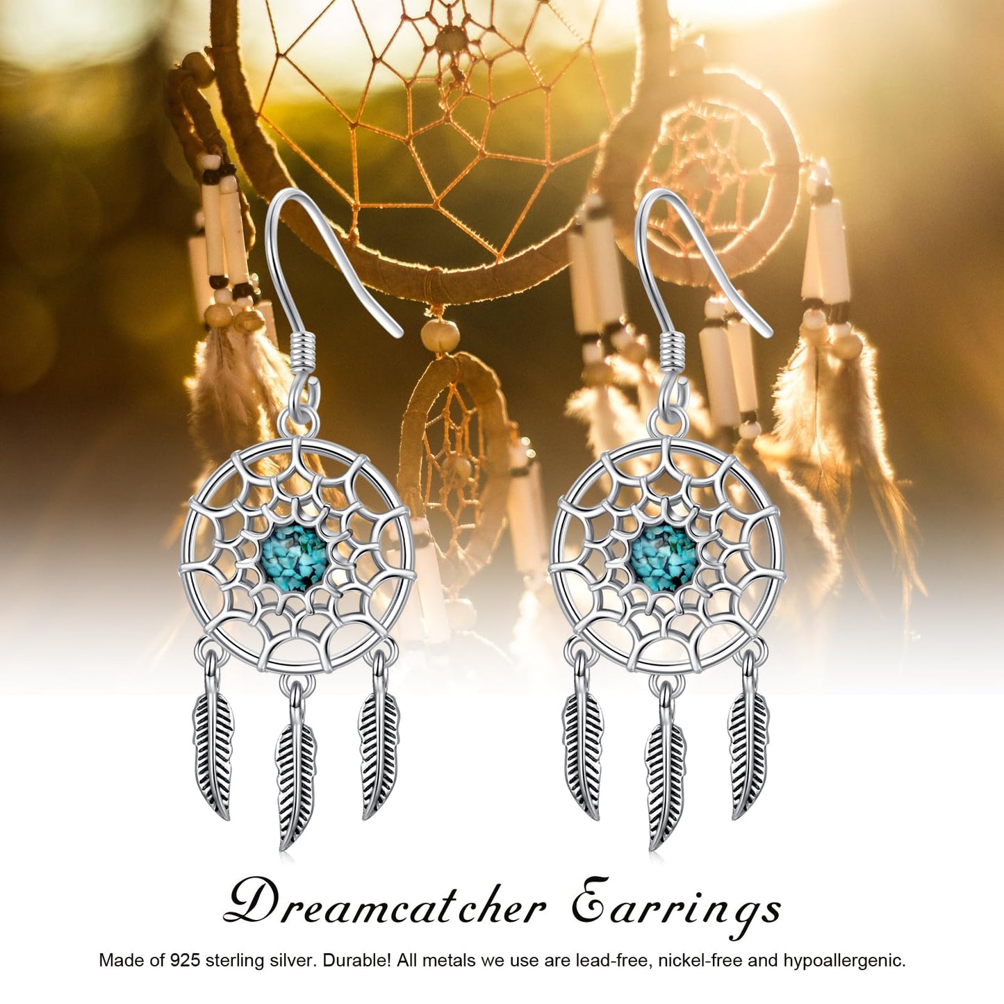 KoyeKei Dream Catcher Earrings 925 Sterling Silver Turquoise Dreamcatcher Feather Dangle Drop Earrings Western Boho Jewelry Country Christmas Gifts for Women