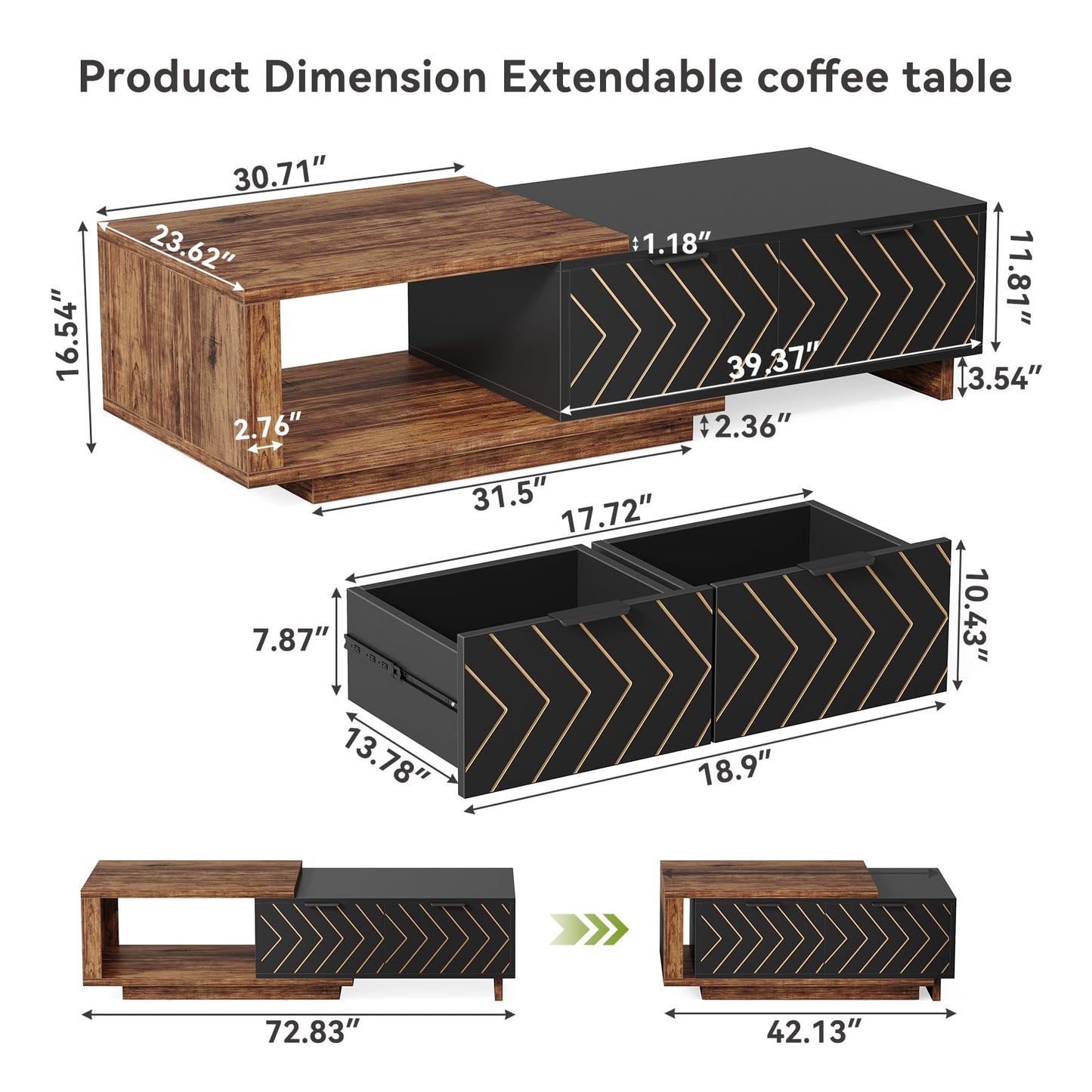 LITTLE TREE Expandable Wooden Coffee Table with 2 Drawers, Space-Saving Rectangular Farmhouse Center Table, Perfect for Living Room and Office, Brown and Black