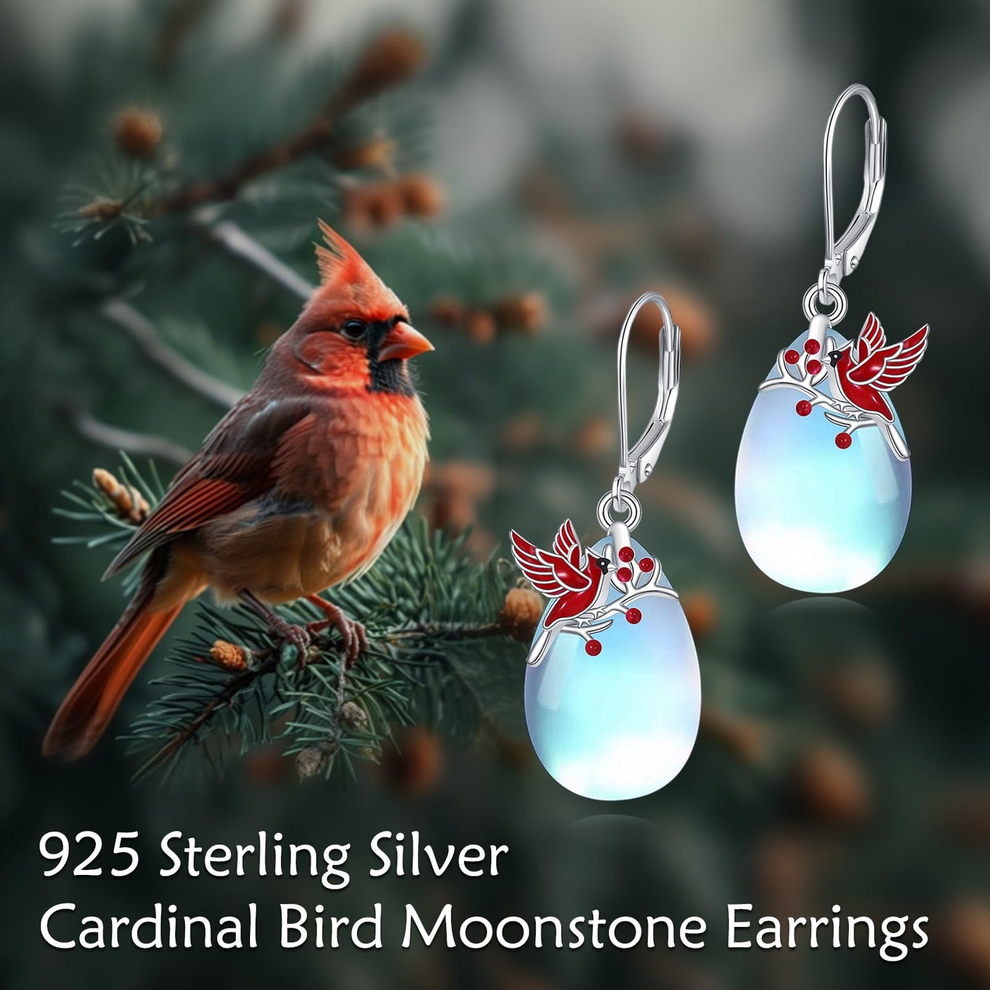 TIGER RIDER Red Cardinal Bird 925 Sterling Silver French Clasp Leverback Earrings Moonstone Pendant Jewelry Gift for Women