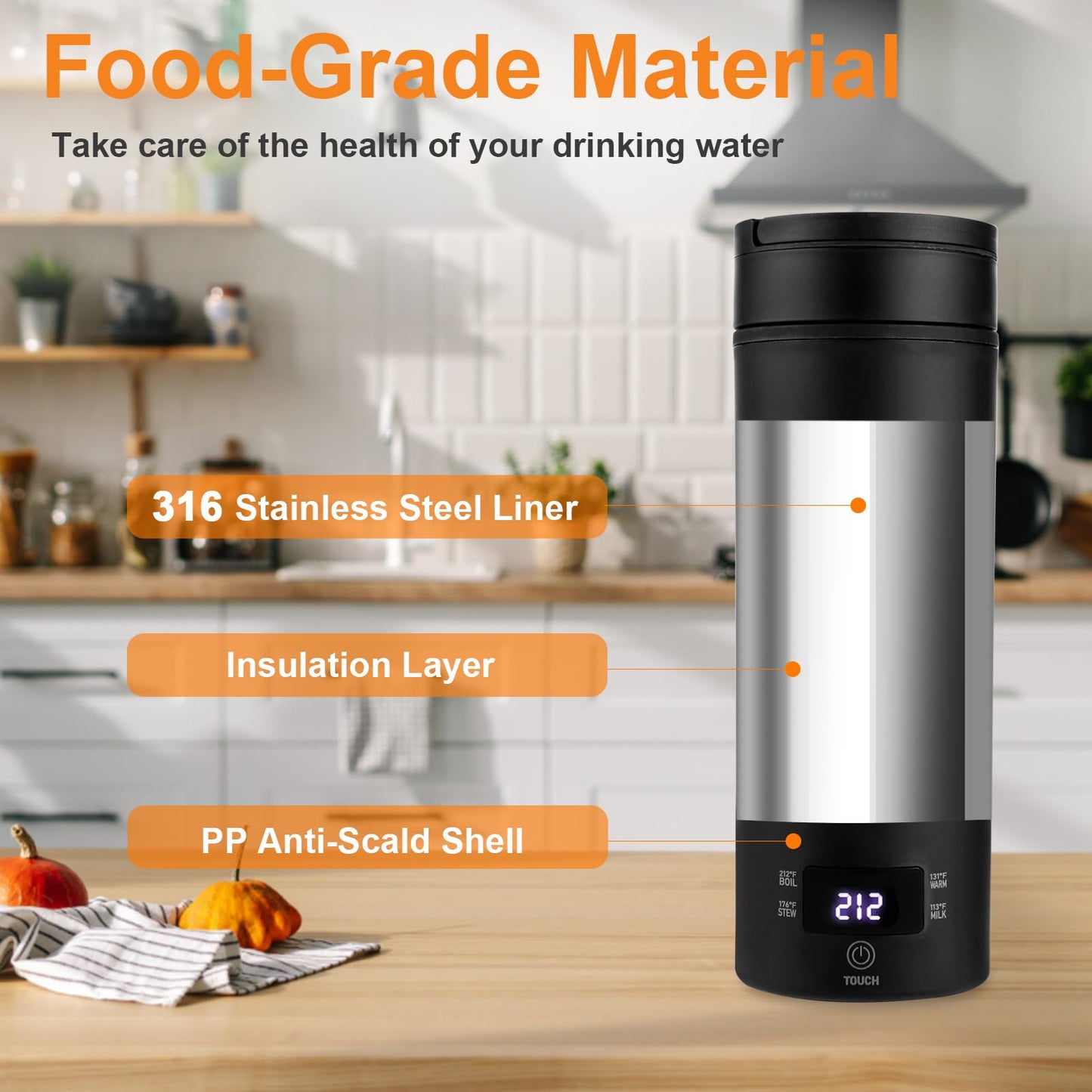 Rzlinn Portable Electric Kettle (110V), Travel Tea Kettle, 316 Stainless Steel Premium Liner, 4-speed Temperature Adjustment with Auto Shut-off and Boil-Off Protection black
