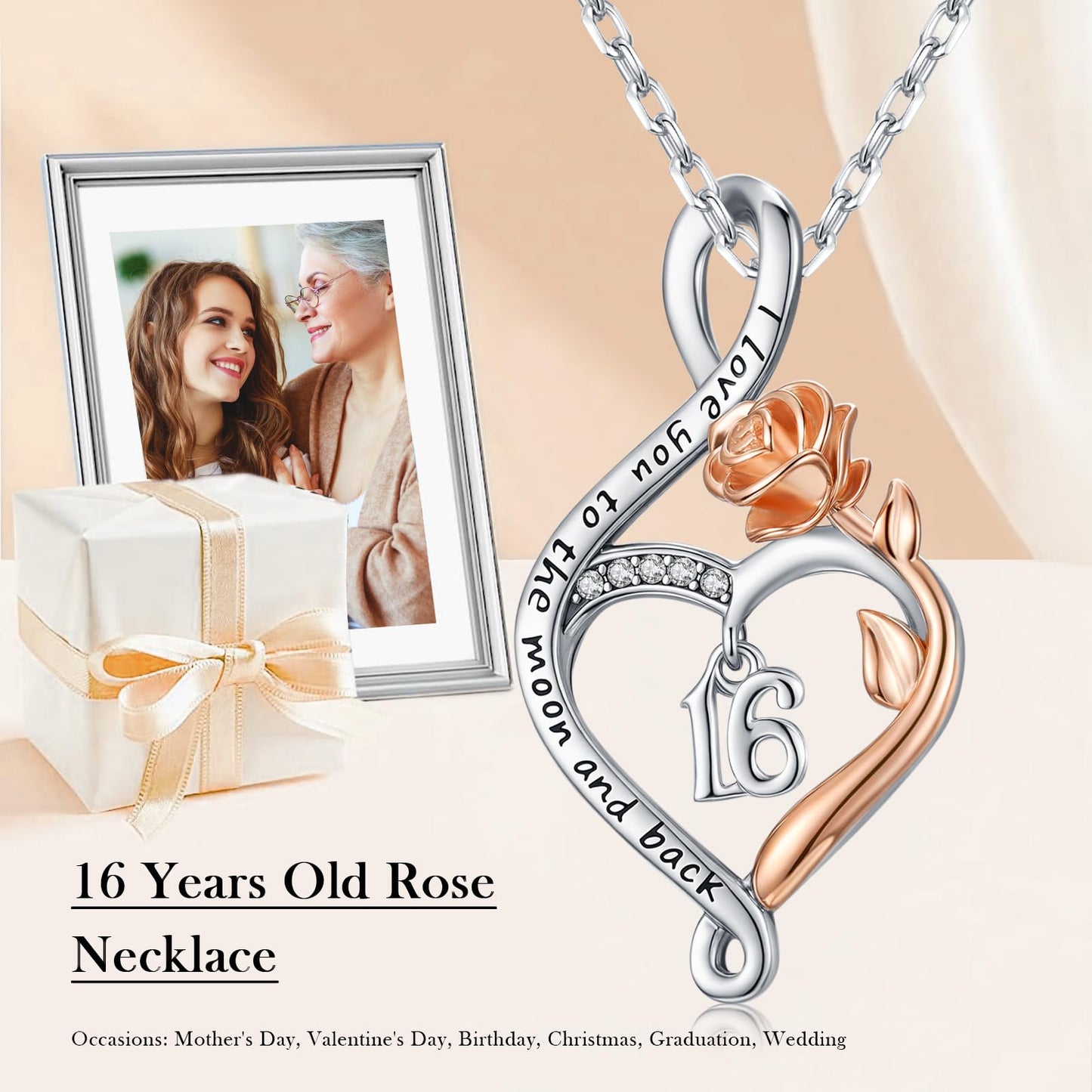 KoyeKei 16th Birthday Gifts for Women Sweet 16 Year Old Necklace 925 Sterling Silver Rose Flower Heart Infinity Pendant Jewelry Christmas Birthday Gift for Sixteen Year Old Daughter Granddaughter
